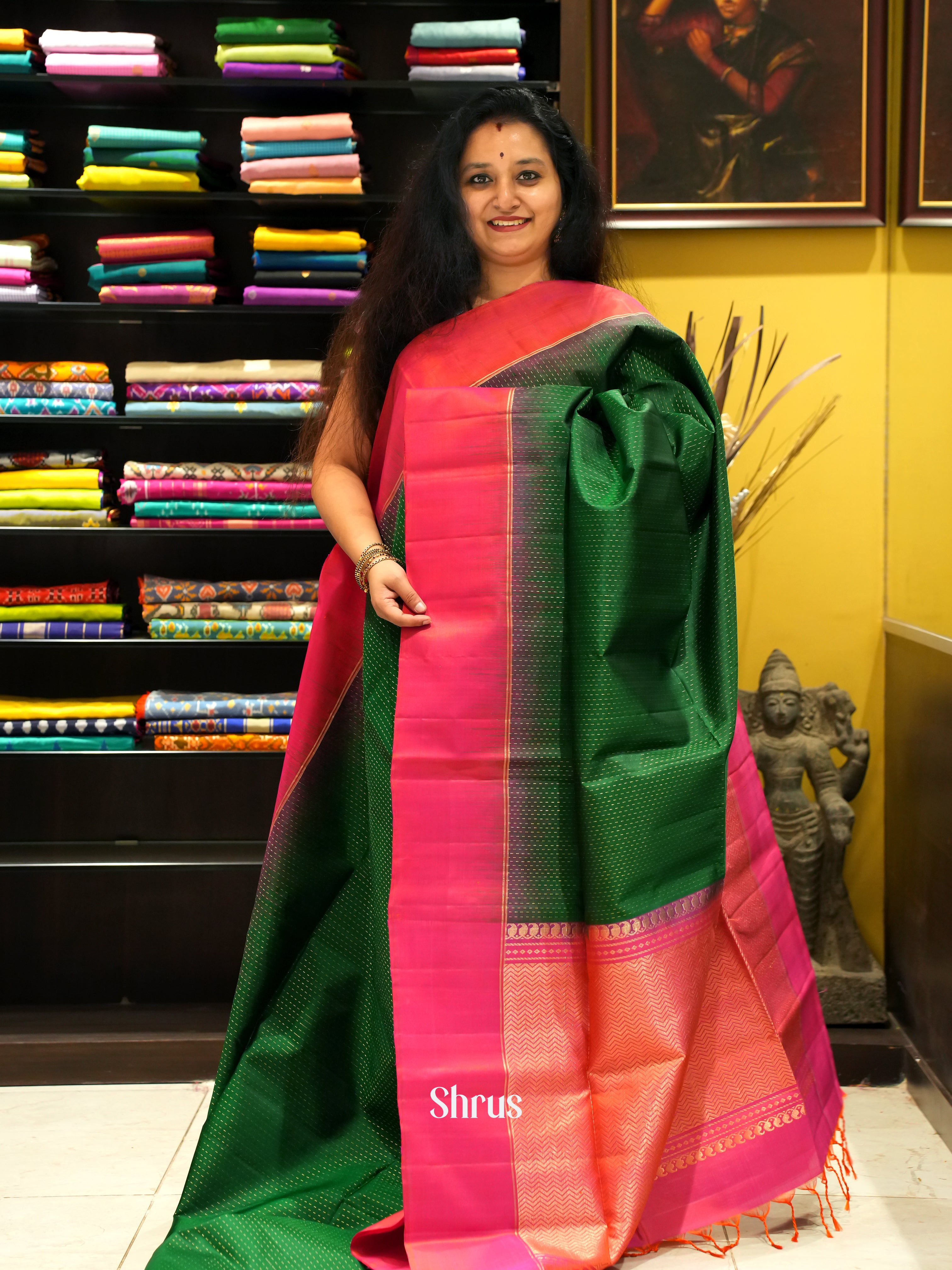 Green & Orangish Pink- Soft Silk Saree - Shop on ShrusEternity.com