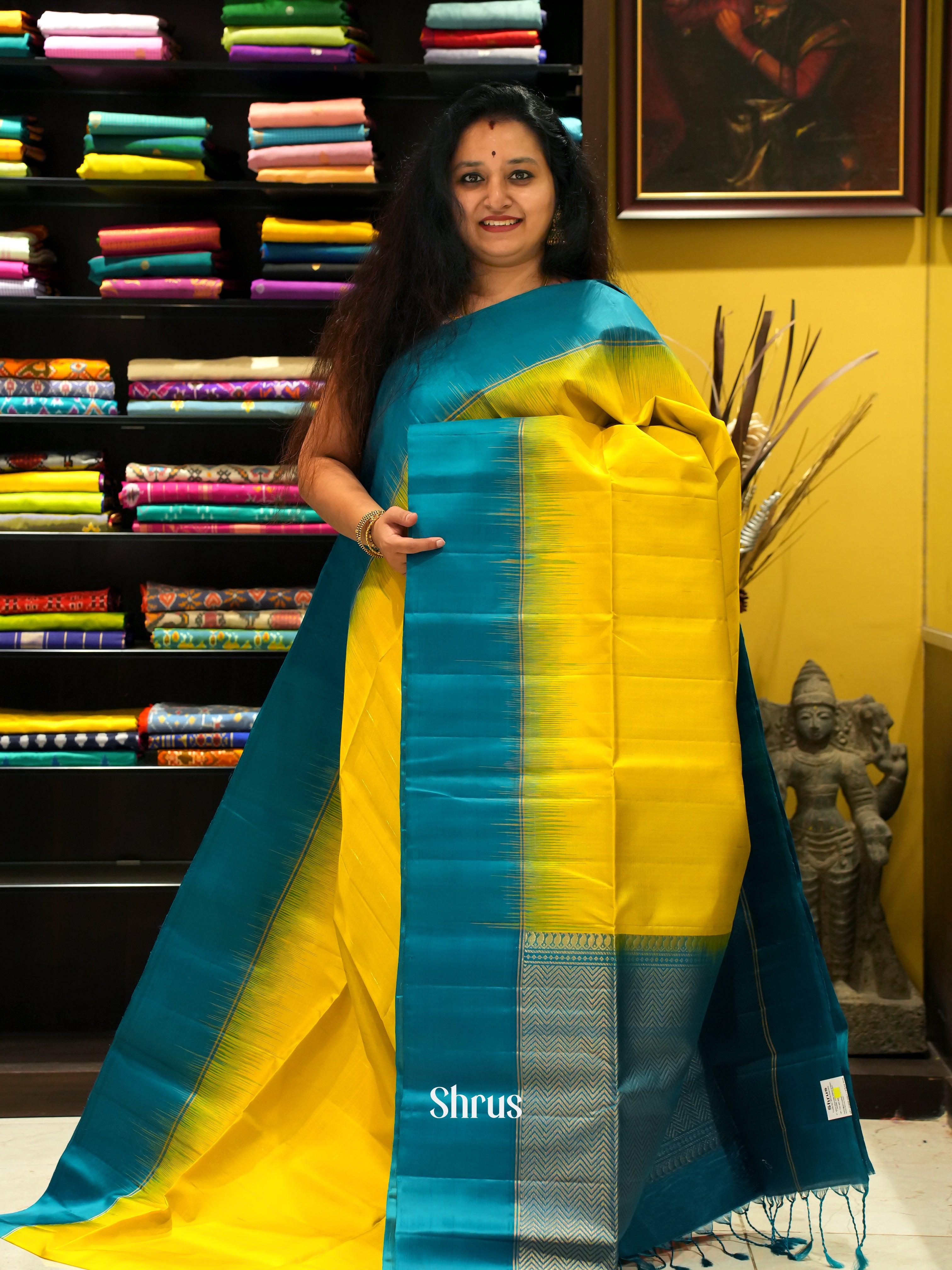 Yellow & Blue - Soft Silk Saree - Shop on ShrusEternity.com