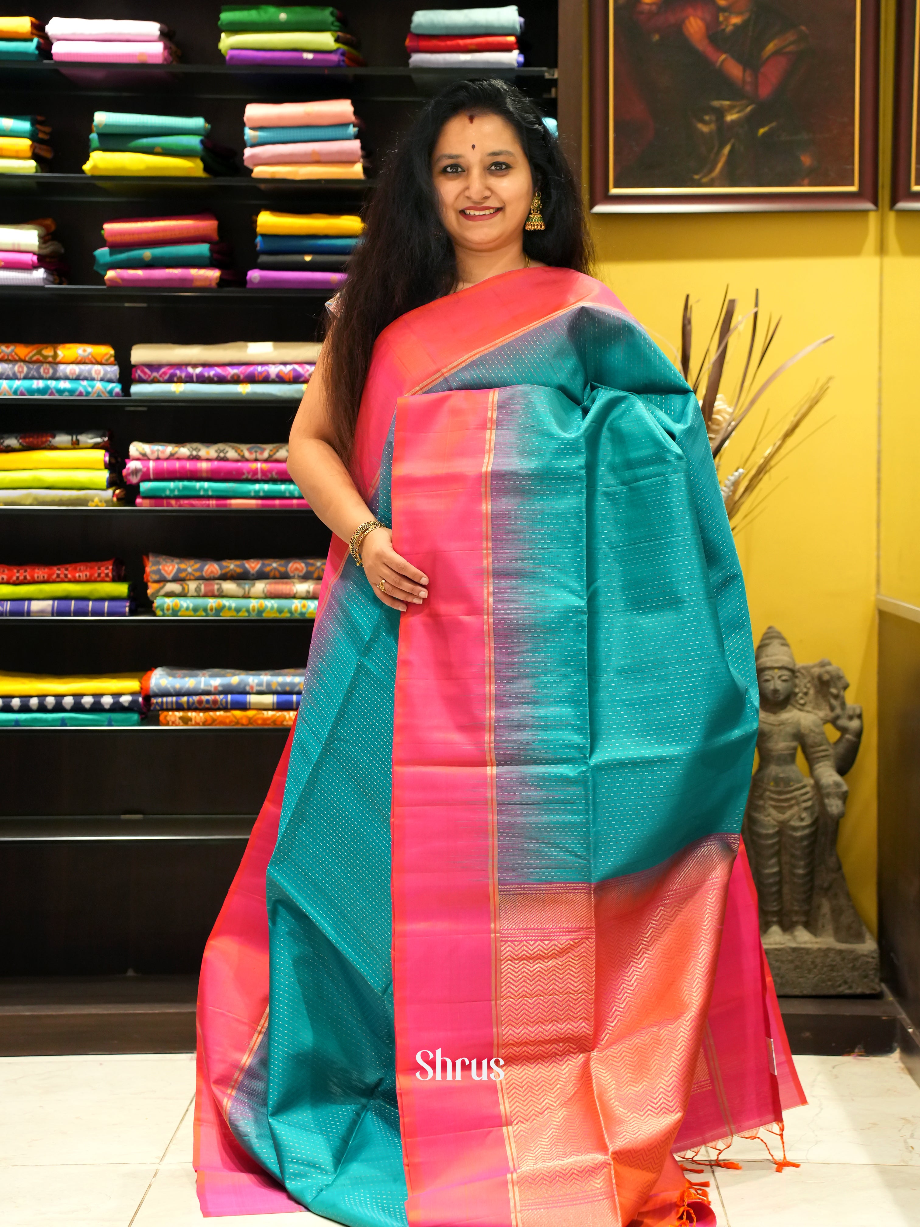 Green & Orangish Pink - Soft Silk Saree - Shop on ShrusEternity.com
