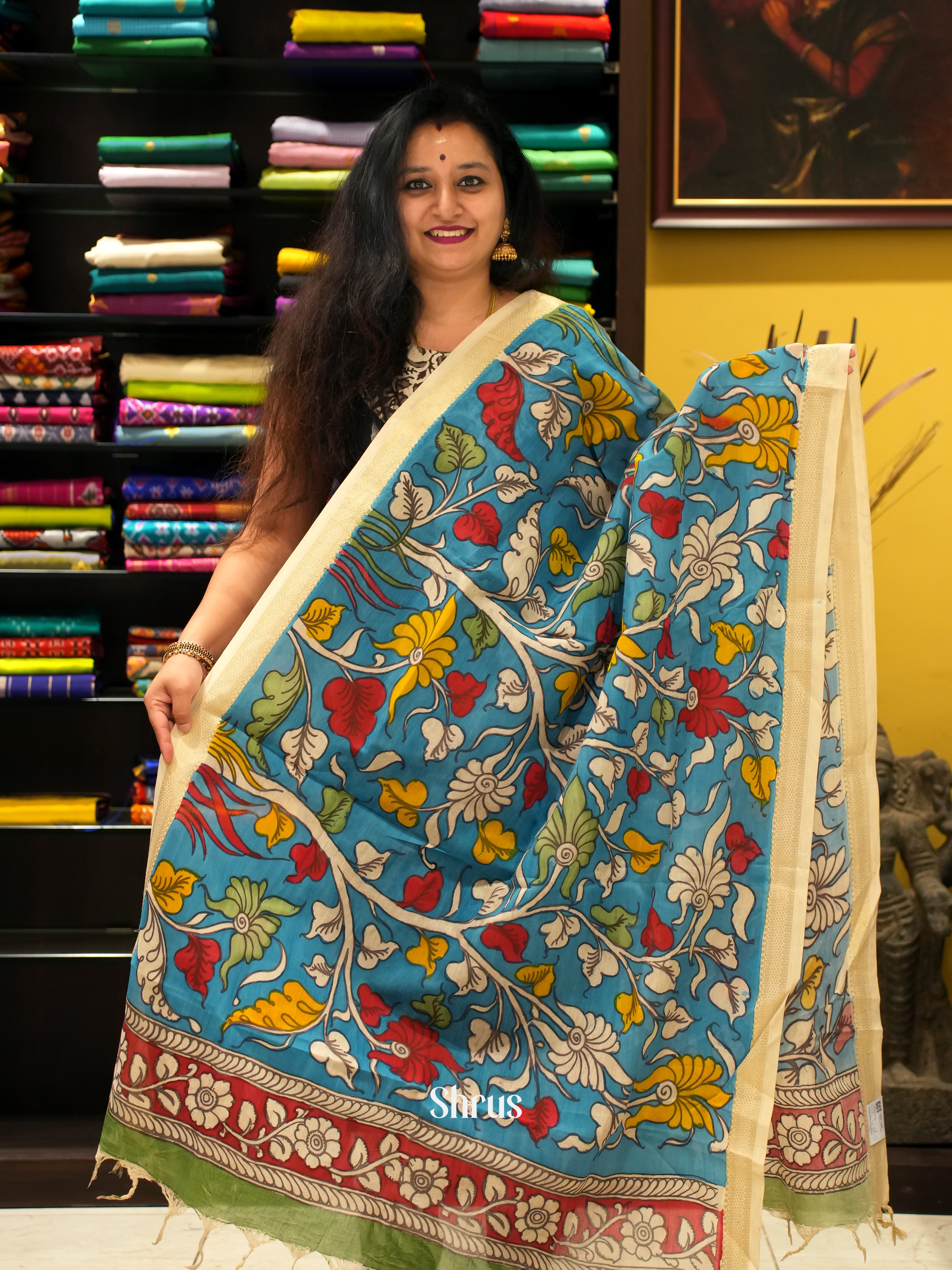 Blue & Cream- Penkalamkari - Shop on ShrusEternity.com