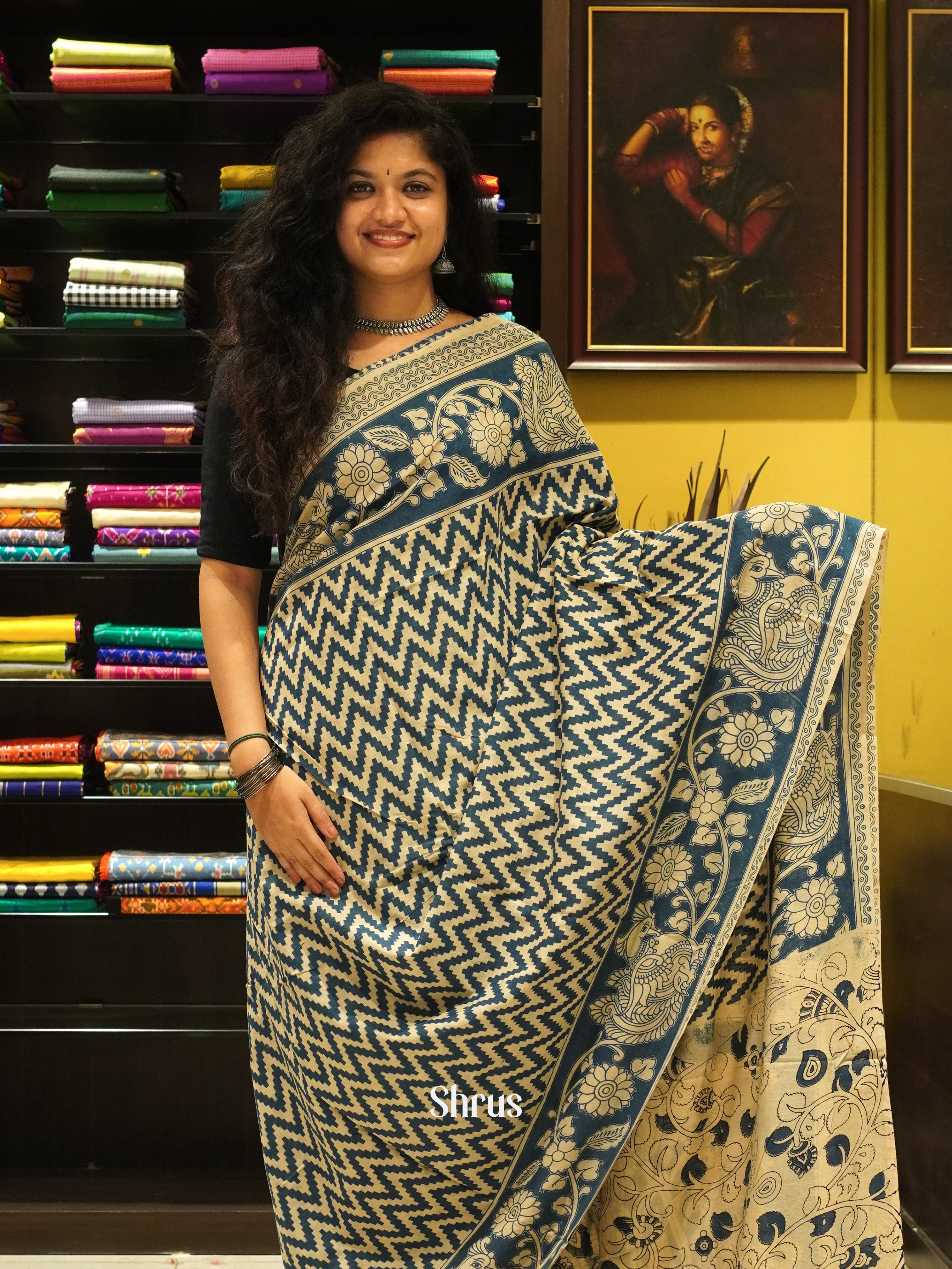 Beige & Blue -kalamkari-cotton - Shop on ShrusEternity.com