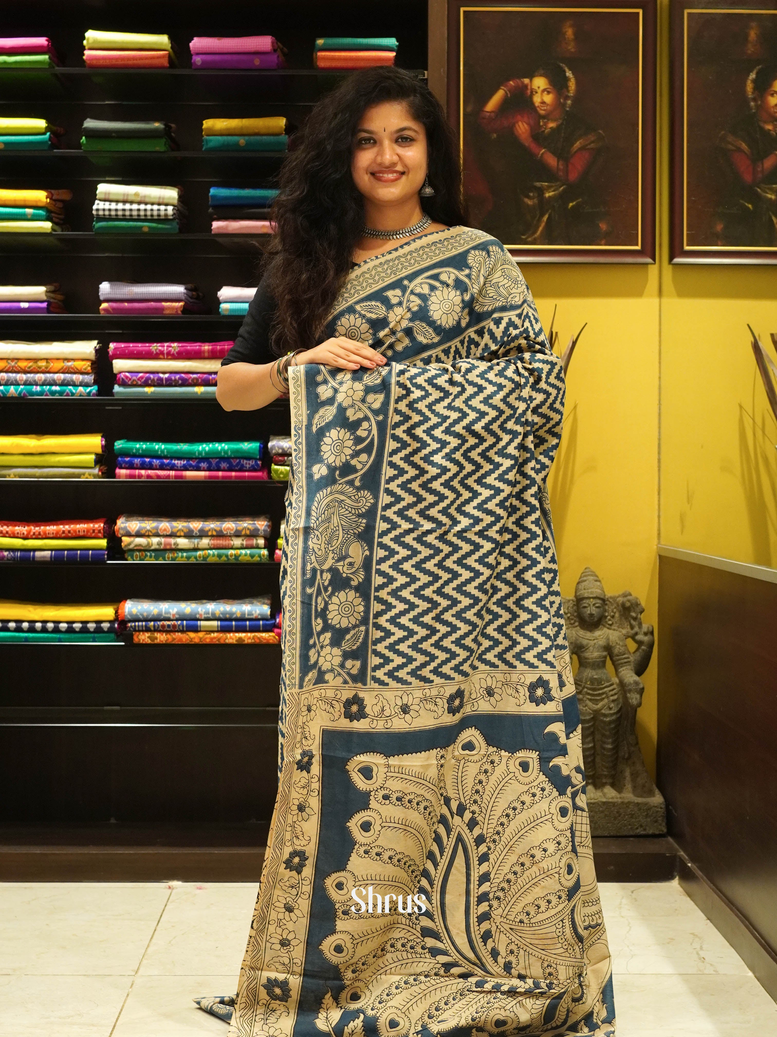 Beige & Blue -kalamkari-cotton - Shop on ShrusEternity.com