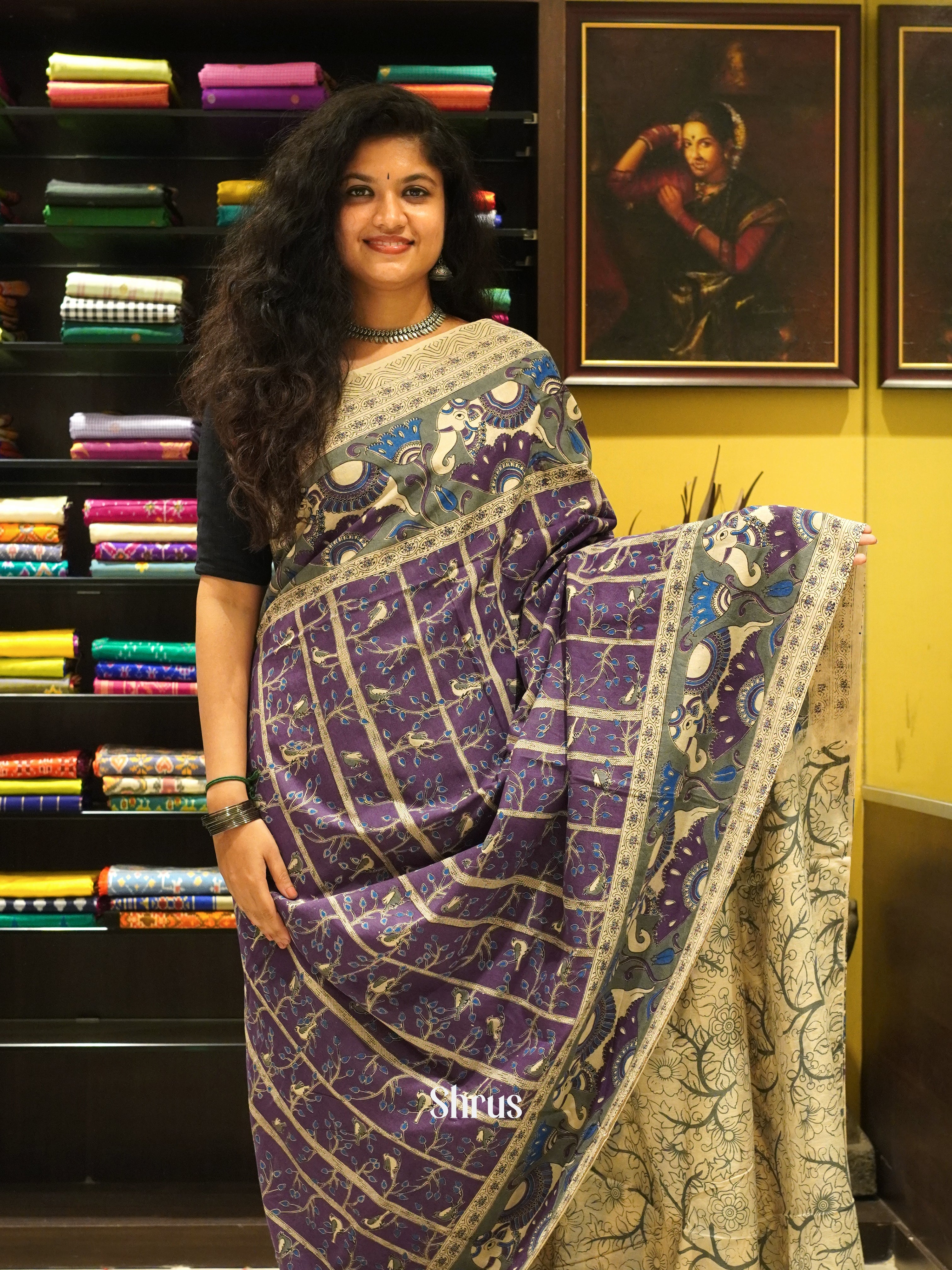 Purple & Beige - kalamkari-cotton - Shop on ShrusEternity.com
