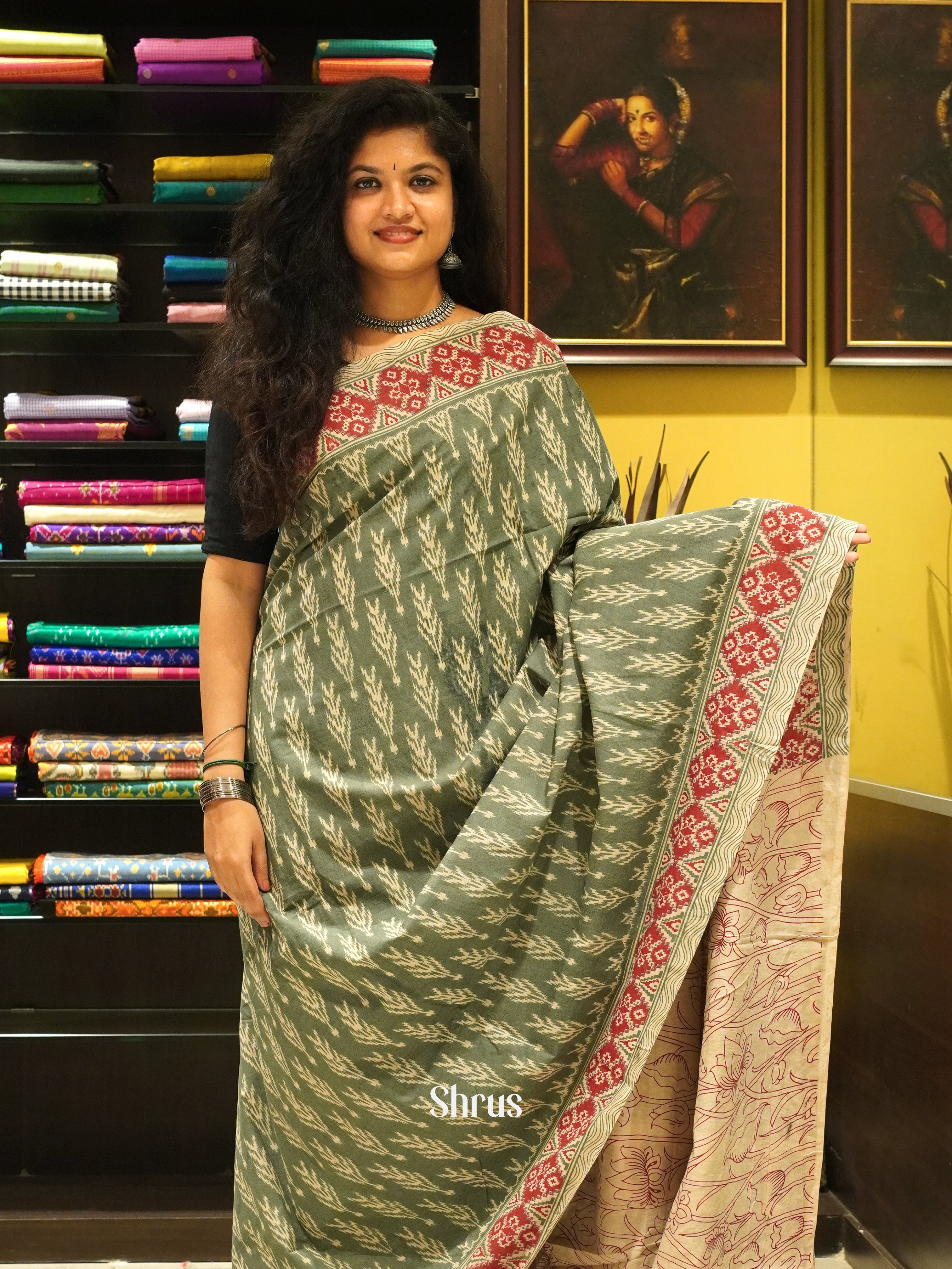 Greenish Grey & Red - kalamkari-cotton - Shop on ShrusEternity.com