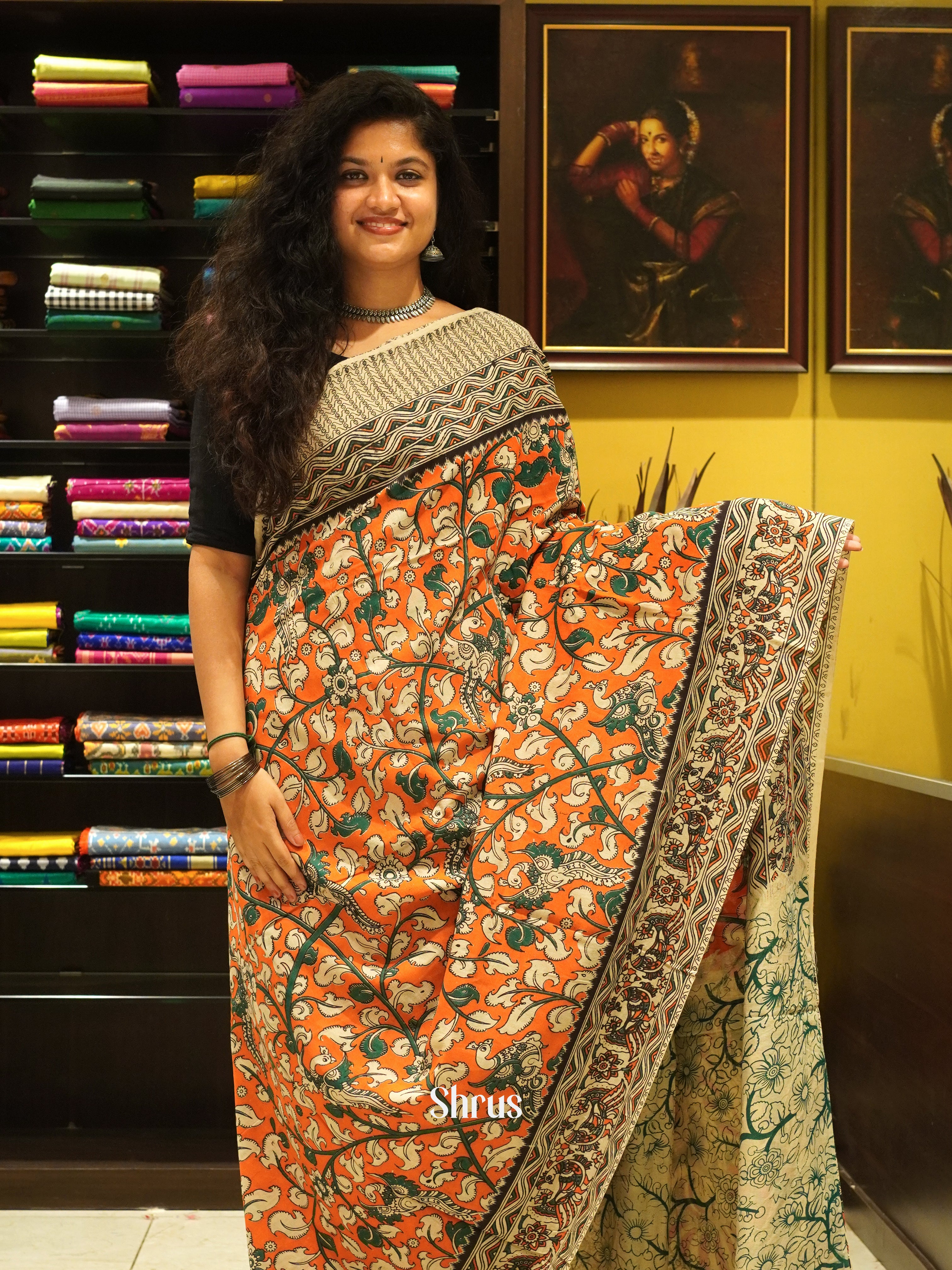 Orange & Beige - kalamkari-cotton - Shop on ShrusEternity.com