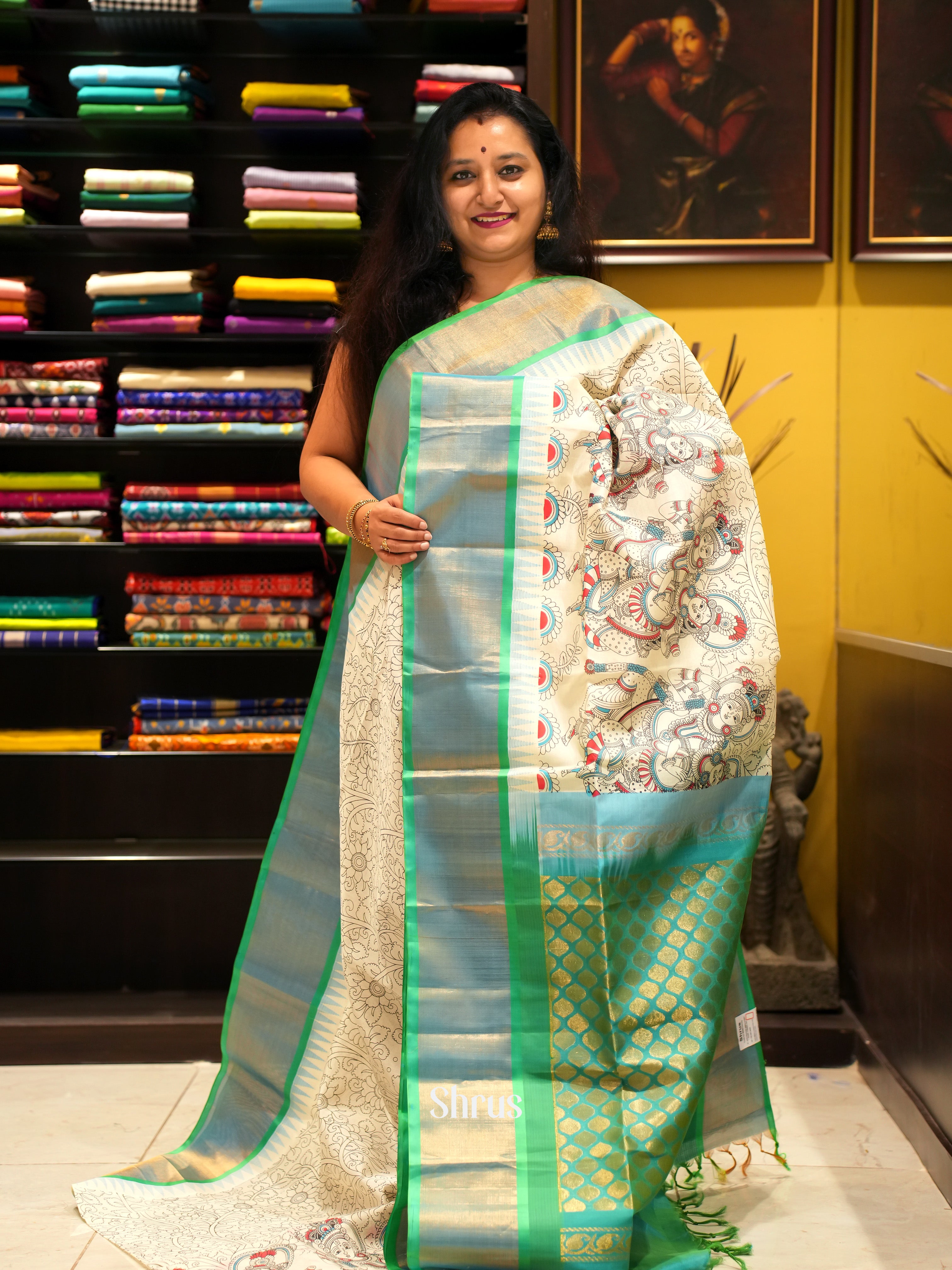 Cream & Green - Silk Cotton Saree - Shop on ShrusEternity.com