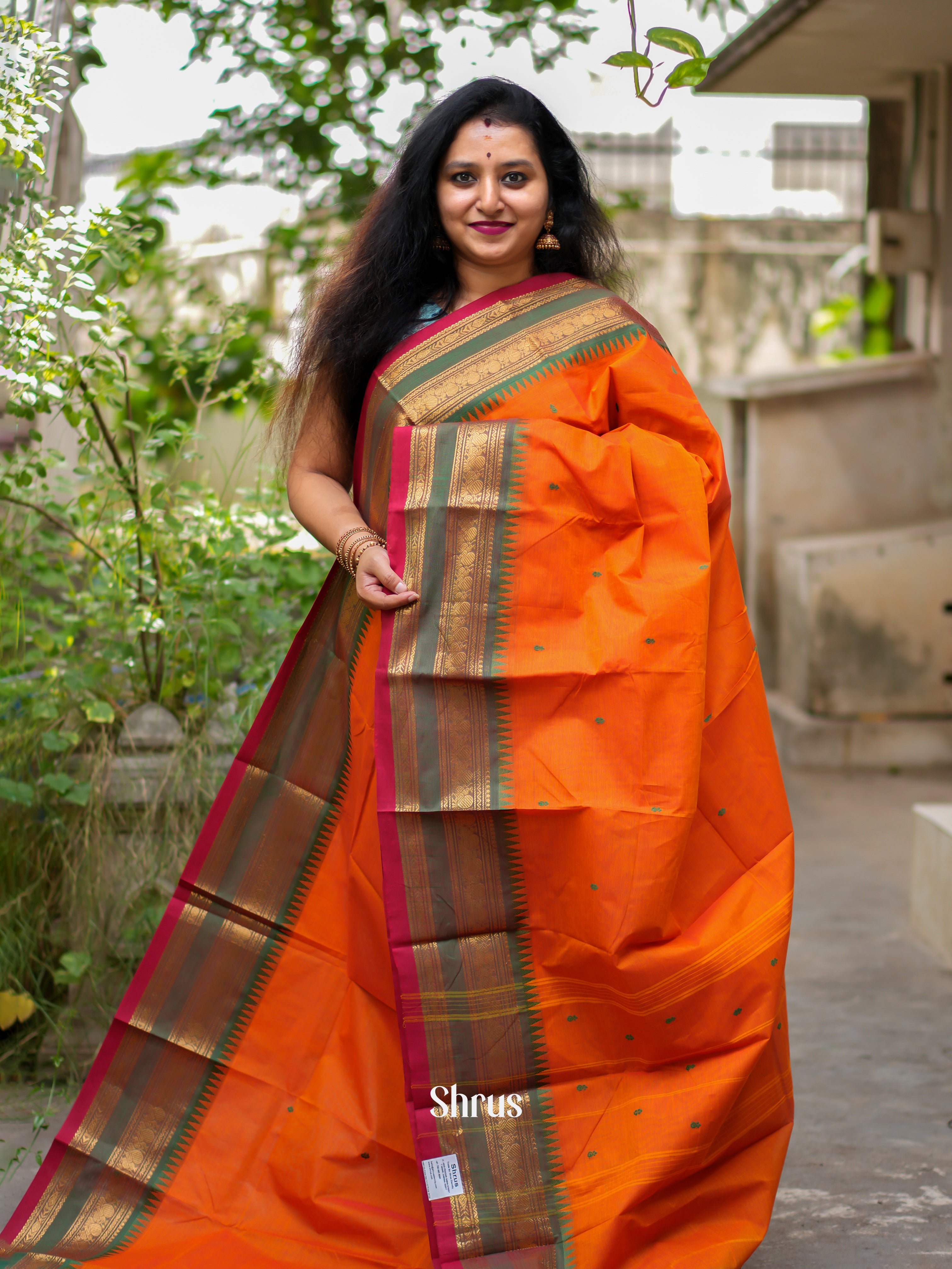 Orange And Green- Chettinad Cotton Saree - Shop on ShrusEternity.com