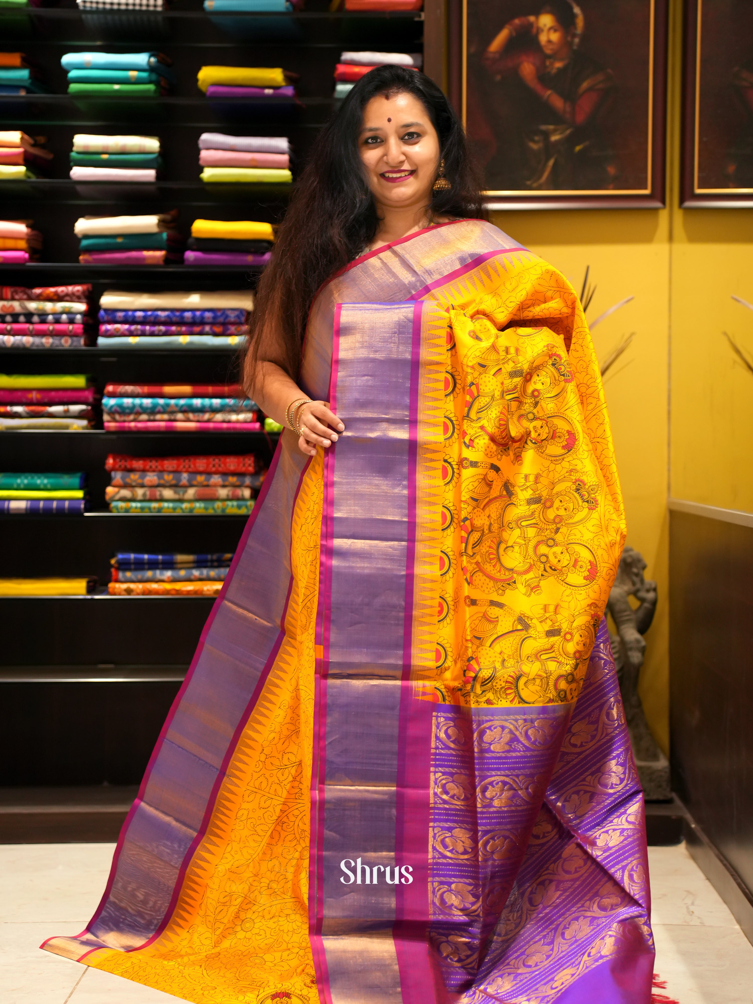 Yellow & Purple - Silk Cotton Saree - Shop on ShrusEternity.com