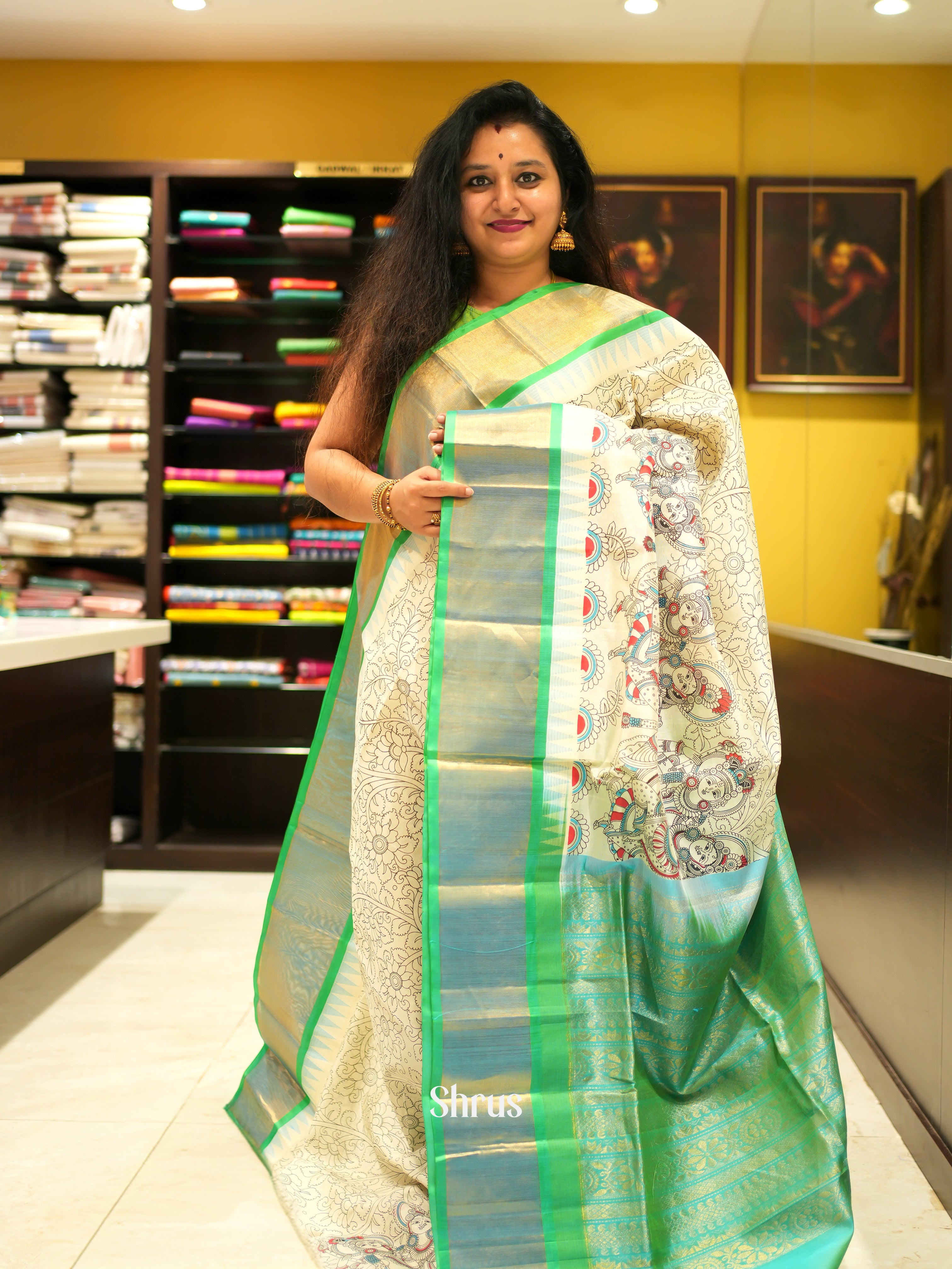 Cream & Green - Silk Cotton Saree - Shop on ShrusEternity.com