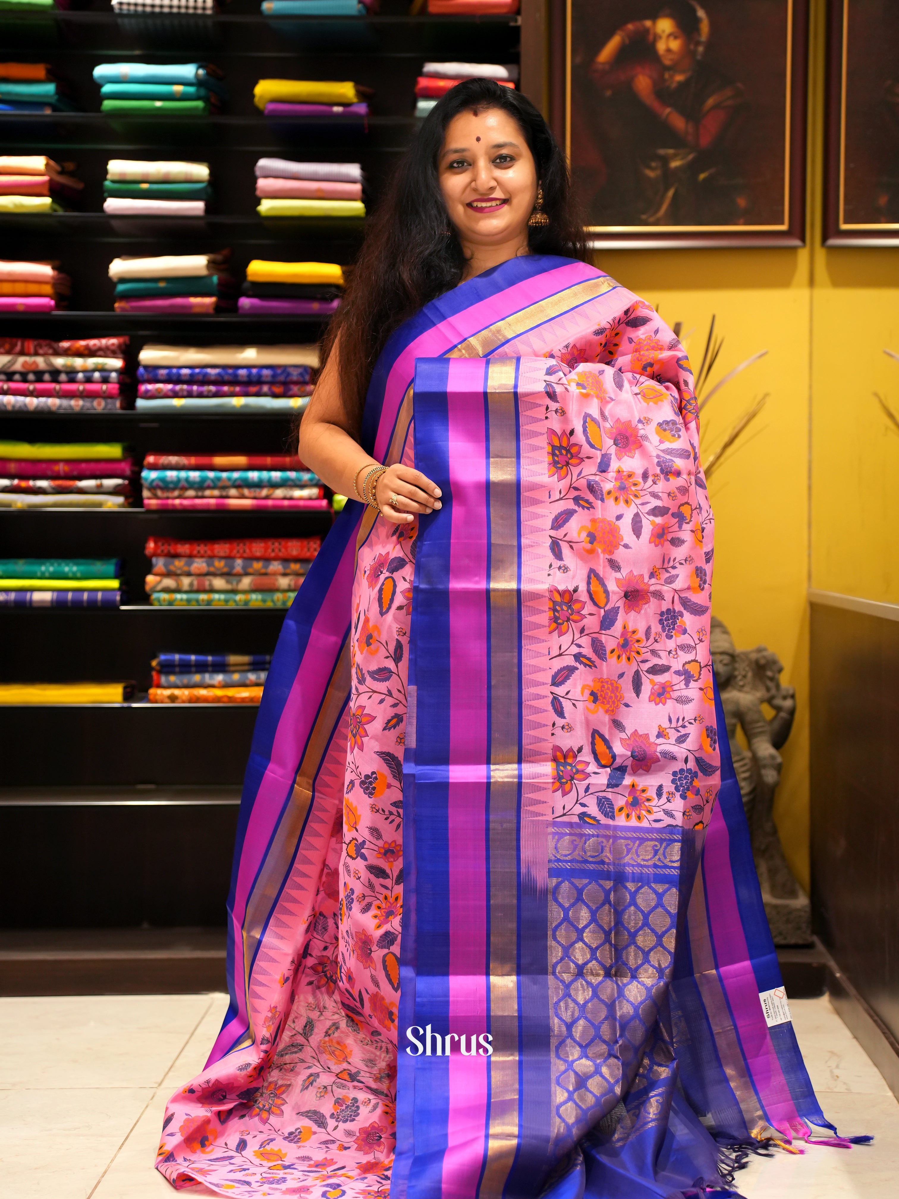 Pink & Blue - Silk Cotton Saree - Shop on ShrusEternity.com