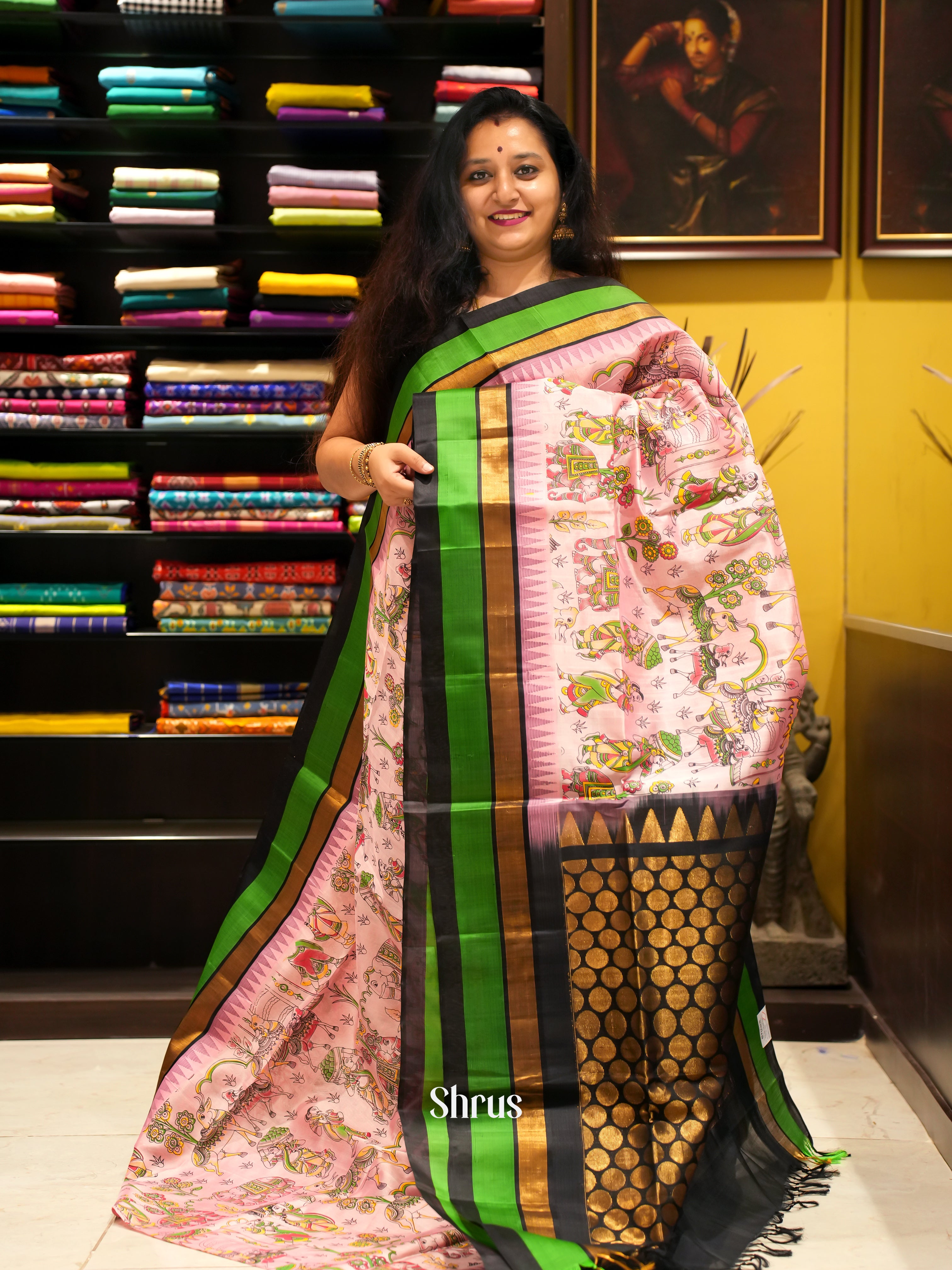 Pink & Black - Silk Cotton Saree - Shop on ShrusEternity.com