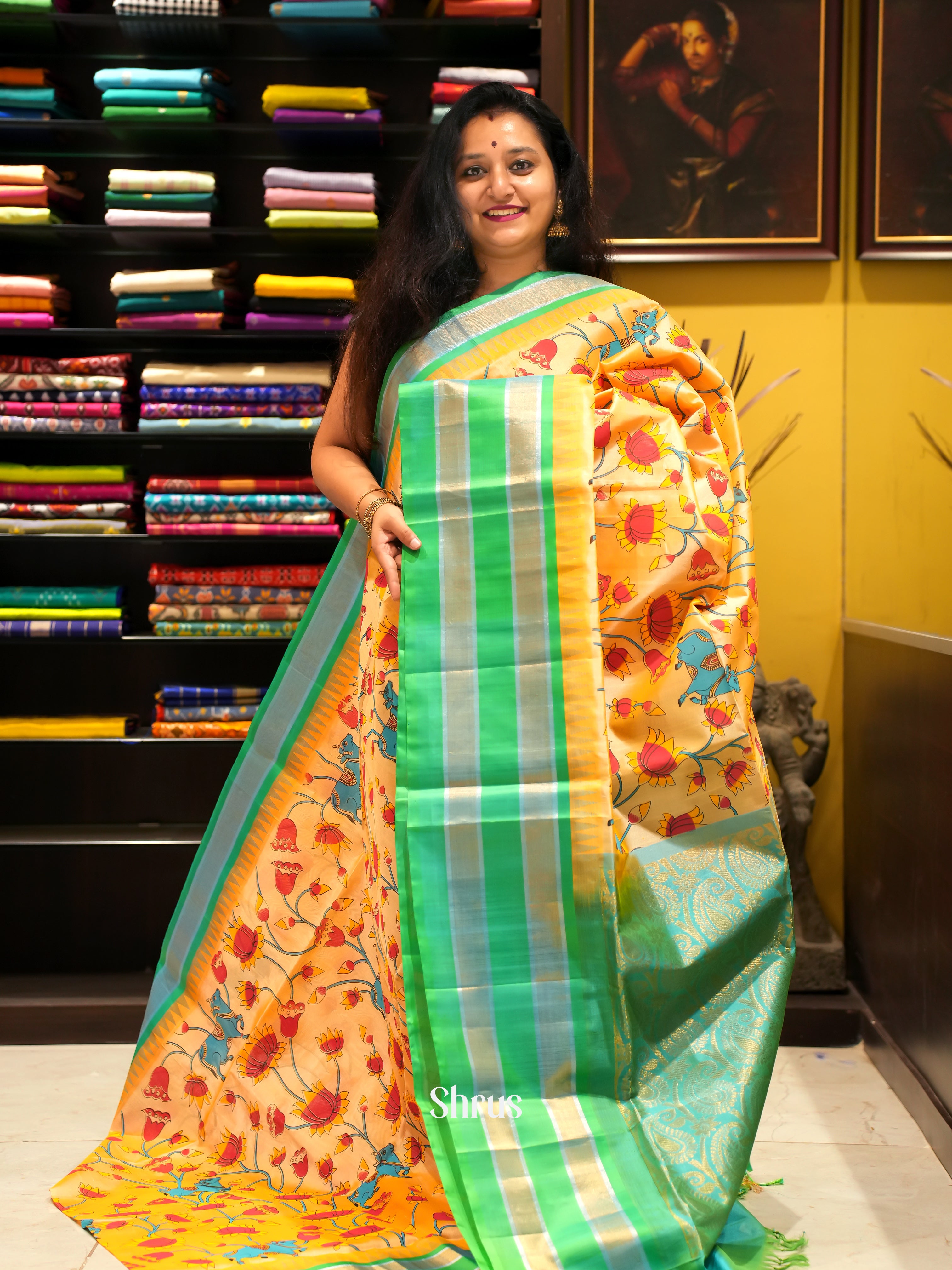 Orange & Green - Silk Cotton Saree - Shop on ShrusEternity.com