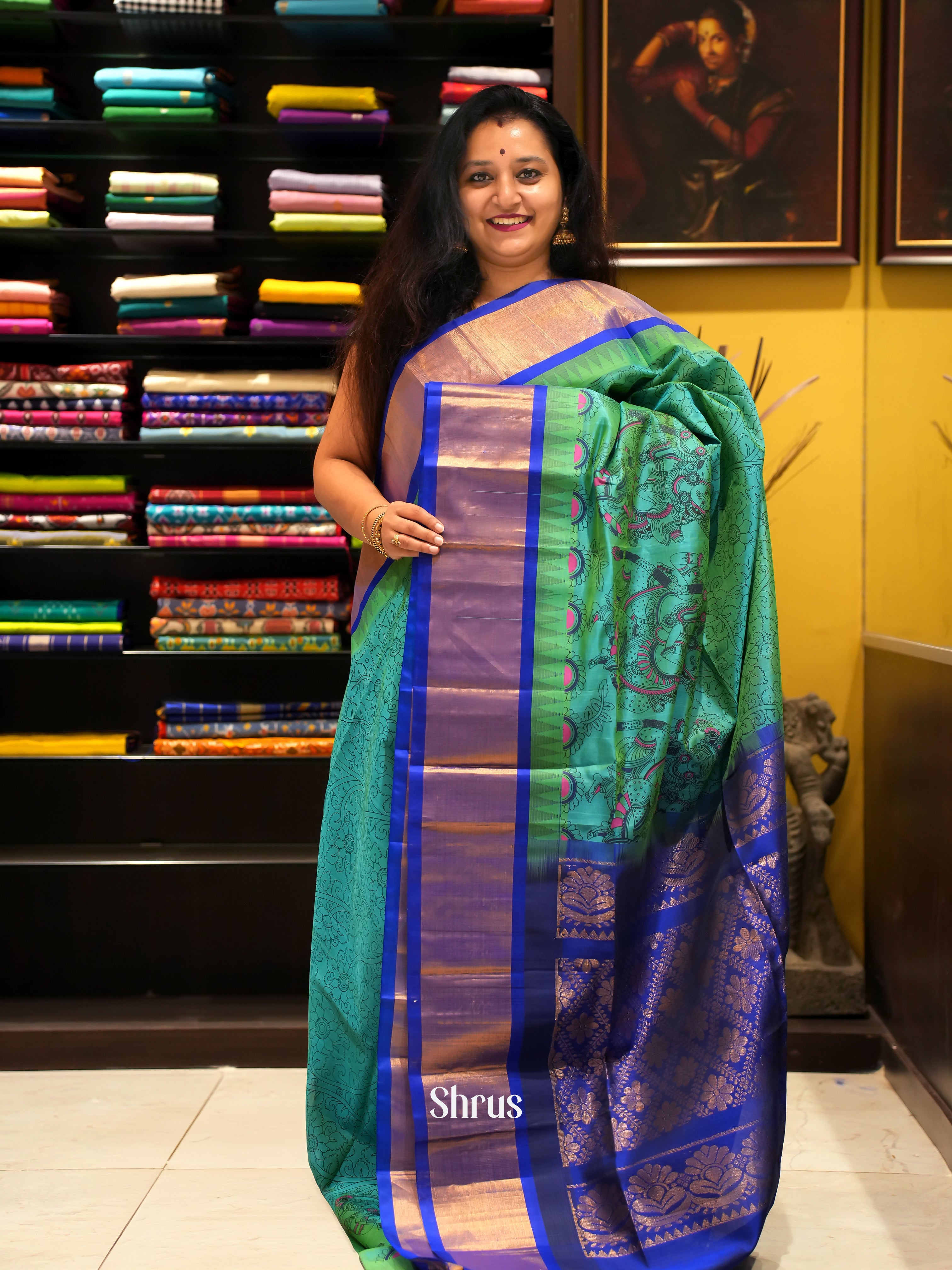 Green & Blue - Silk Cotton Saree - Shop on ShrusEternity.com