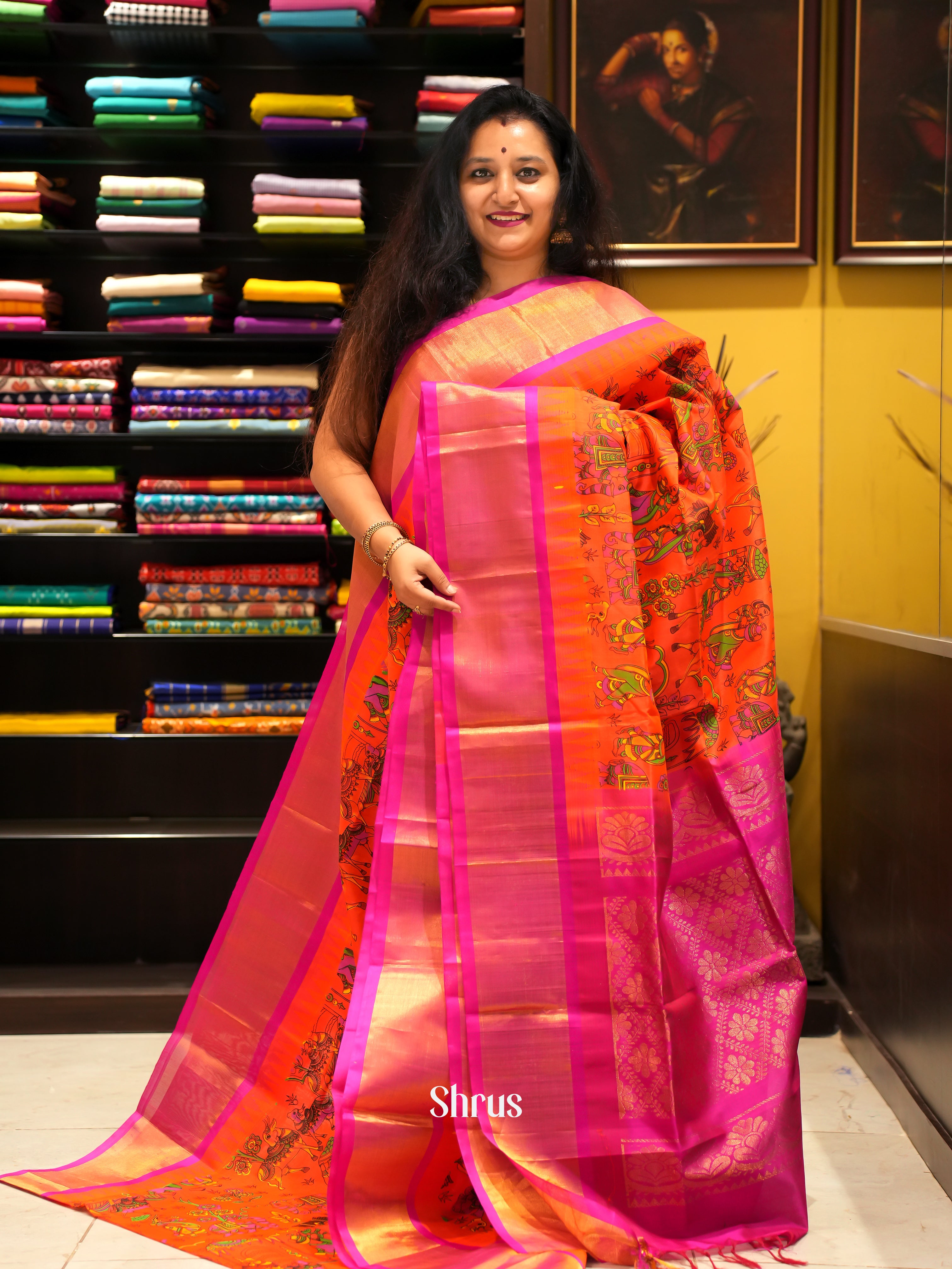 Orange & Pink - Silk Cotton Saree - Shop on ShrusEternity.com