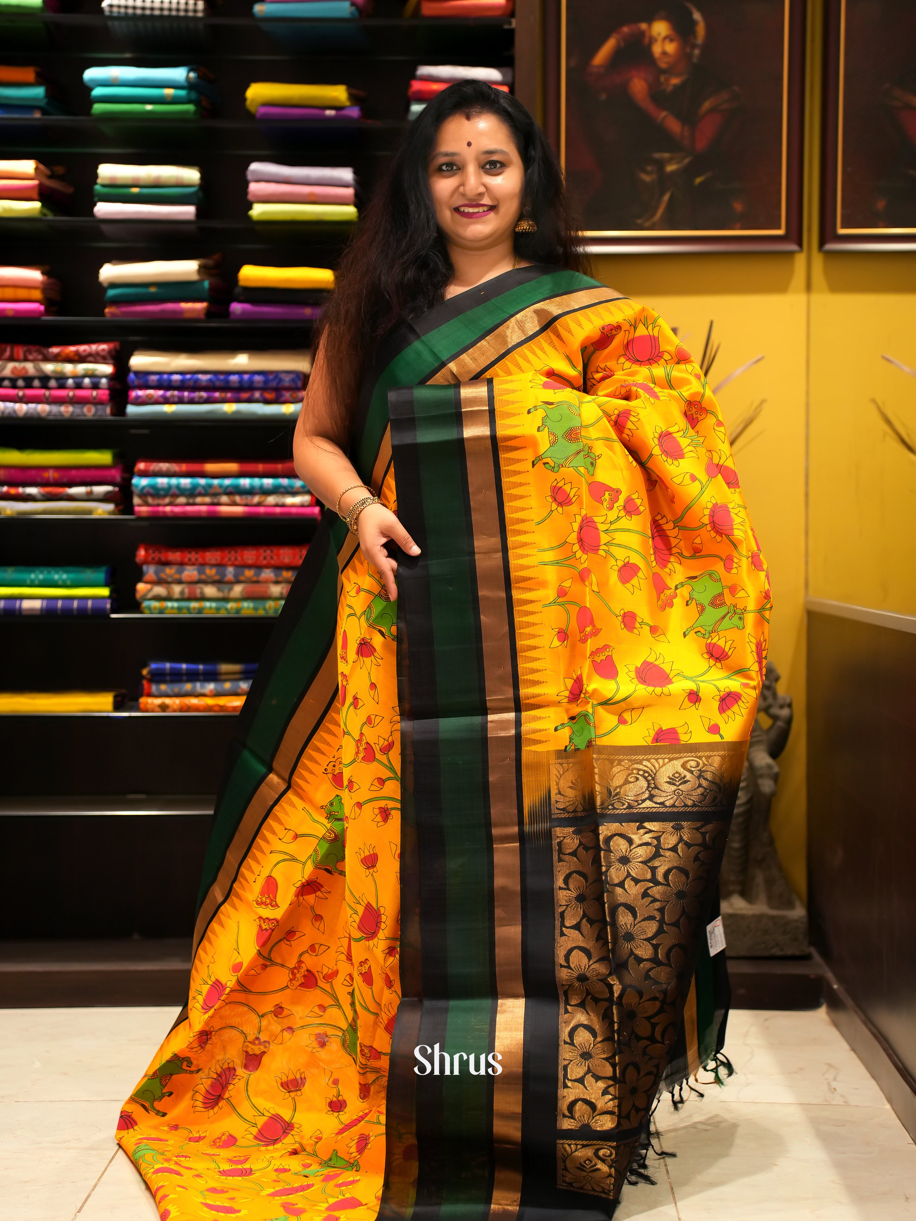 Yellow & Black - Silk Cotton Saree - Shop on ShrusEternity.com