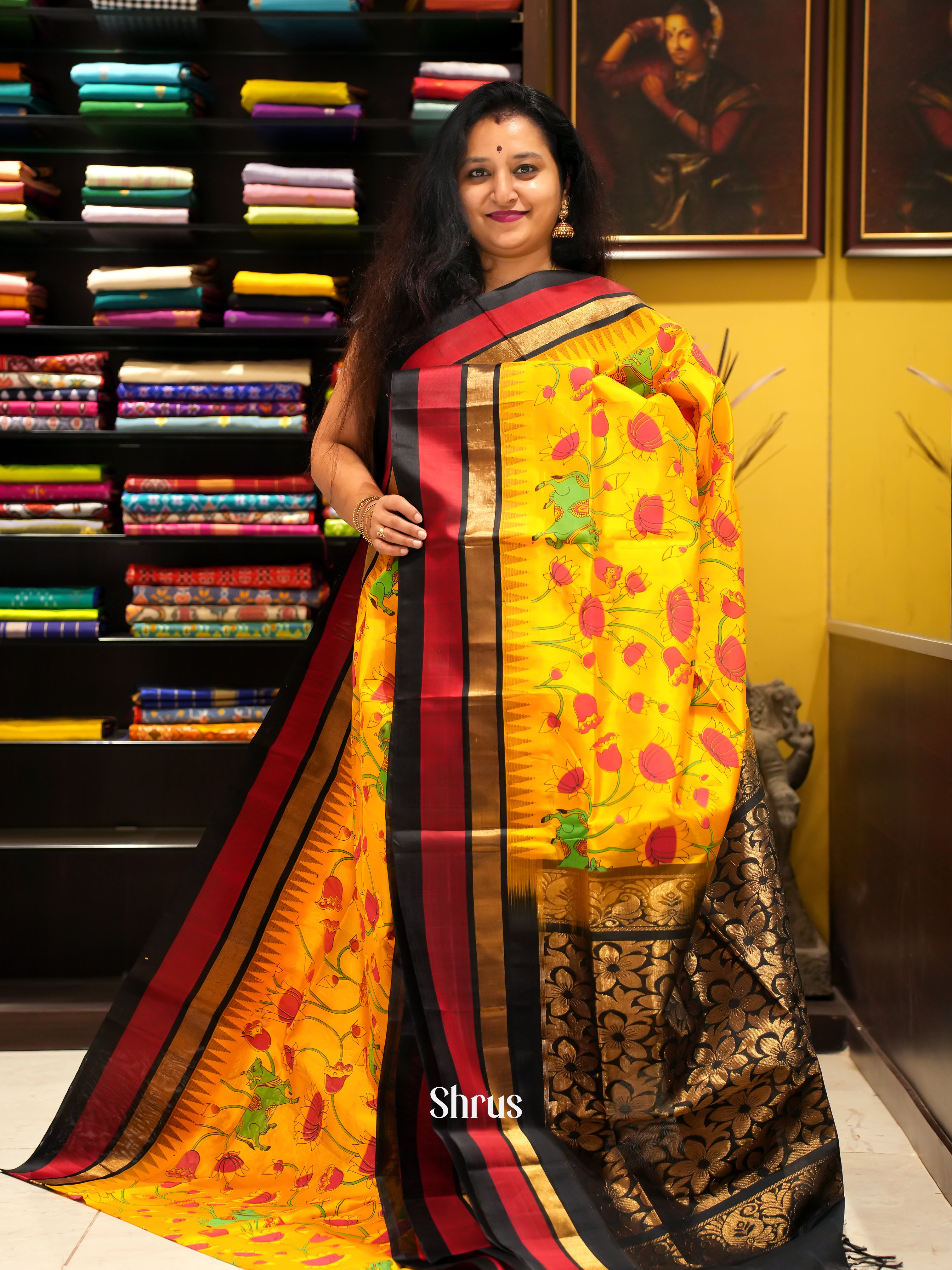 Yellow & Black - Silk Cotton Saree - Shop on ShrusEternity.com