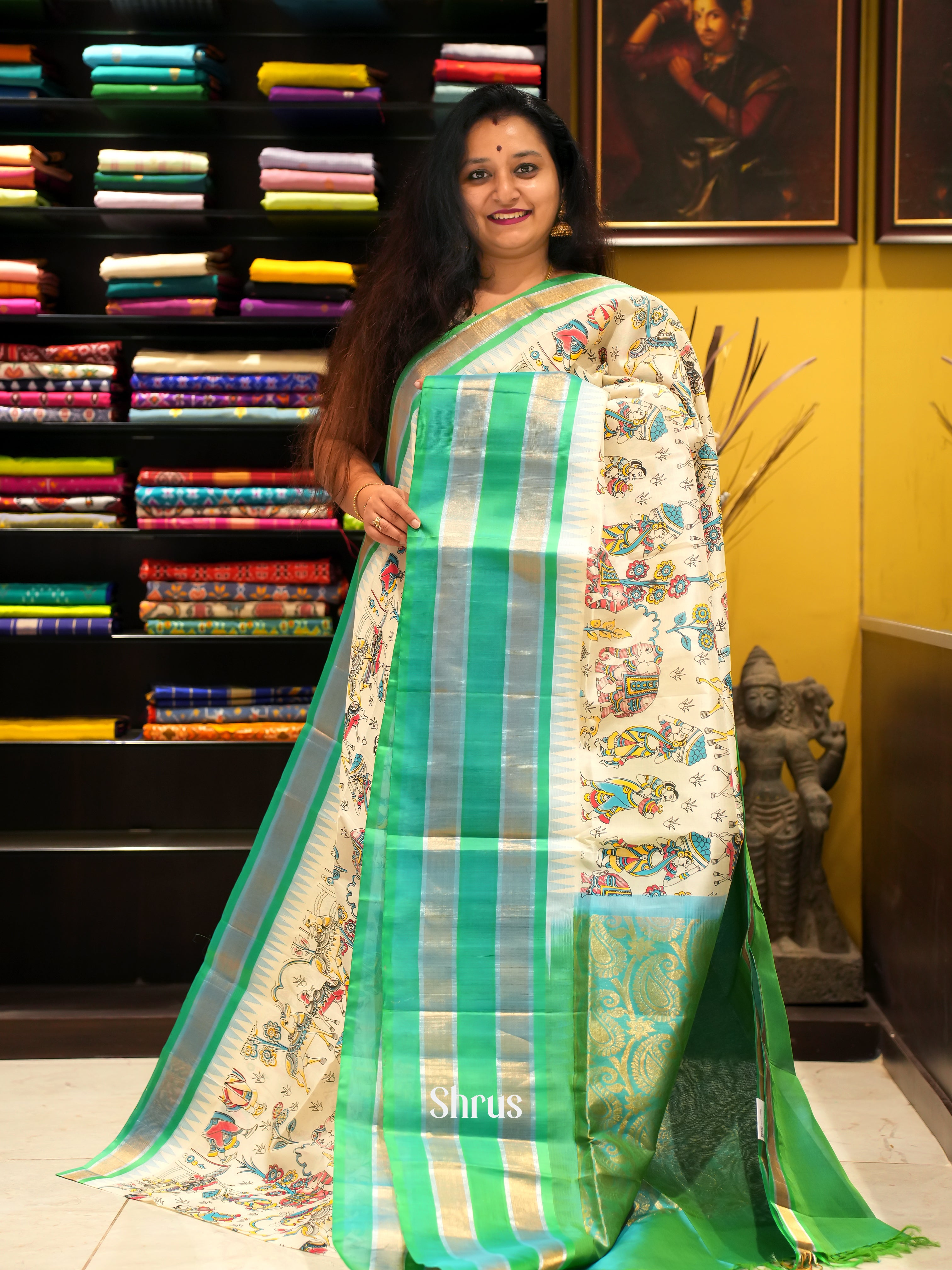 Cream & Green - Silk Cotton Saree - Shop on ShrusEternity.com