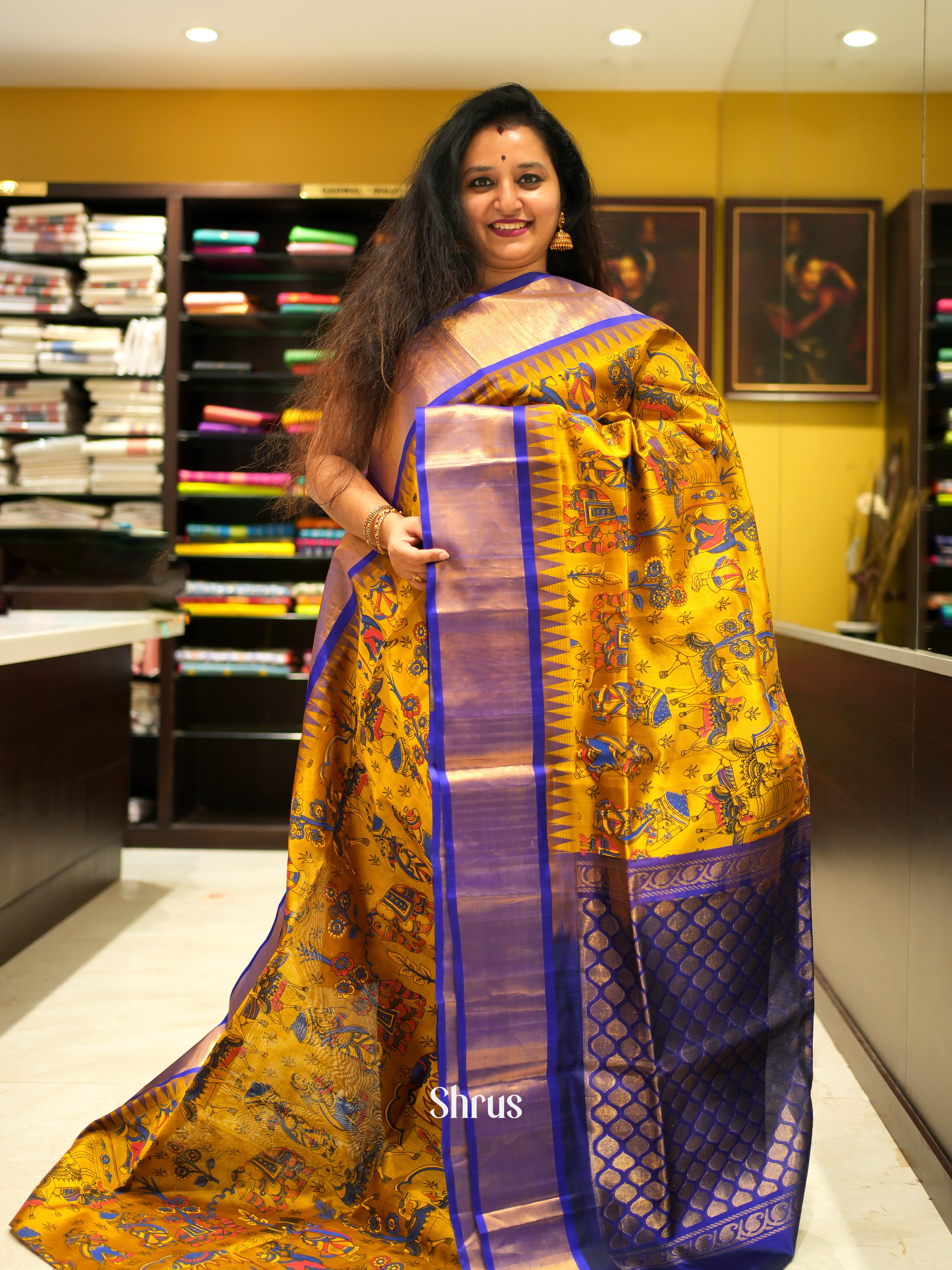 Yellow & Blue - Silk Cotton Saree - Shop on ShrusEternity.com