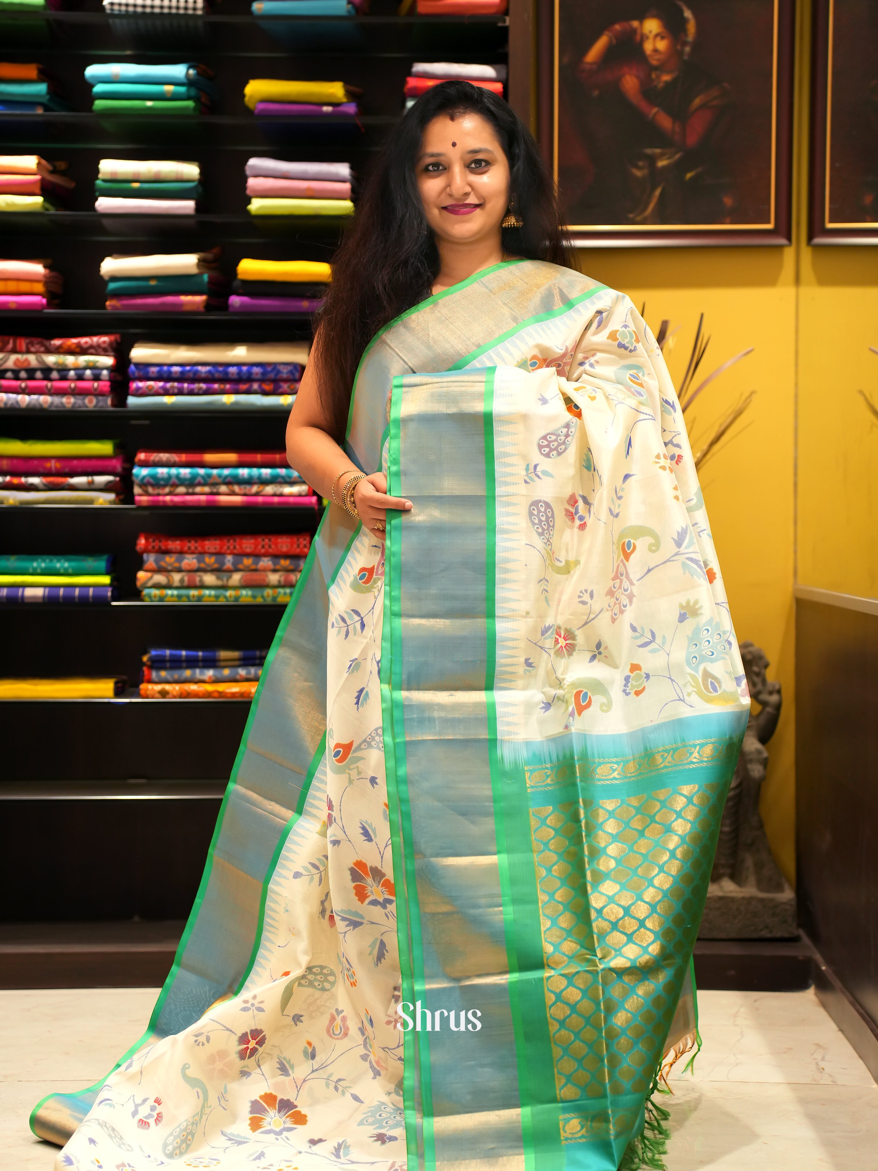 Cream & Green - Silk Cotton Saree - Shop on ShrusEternity.com