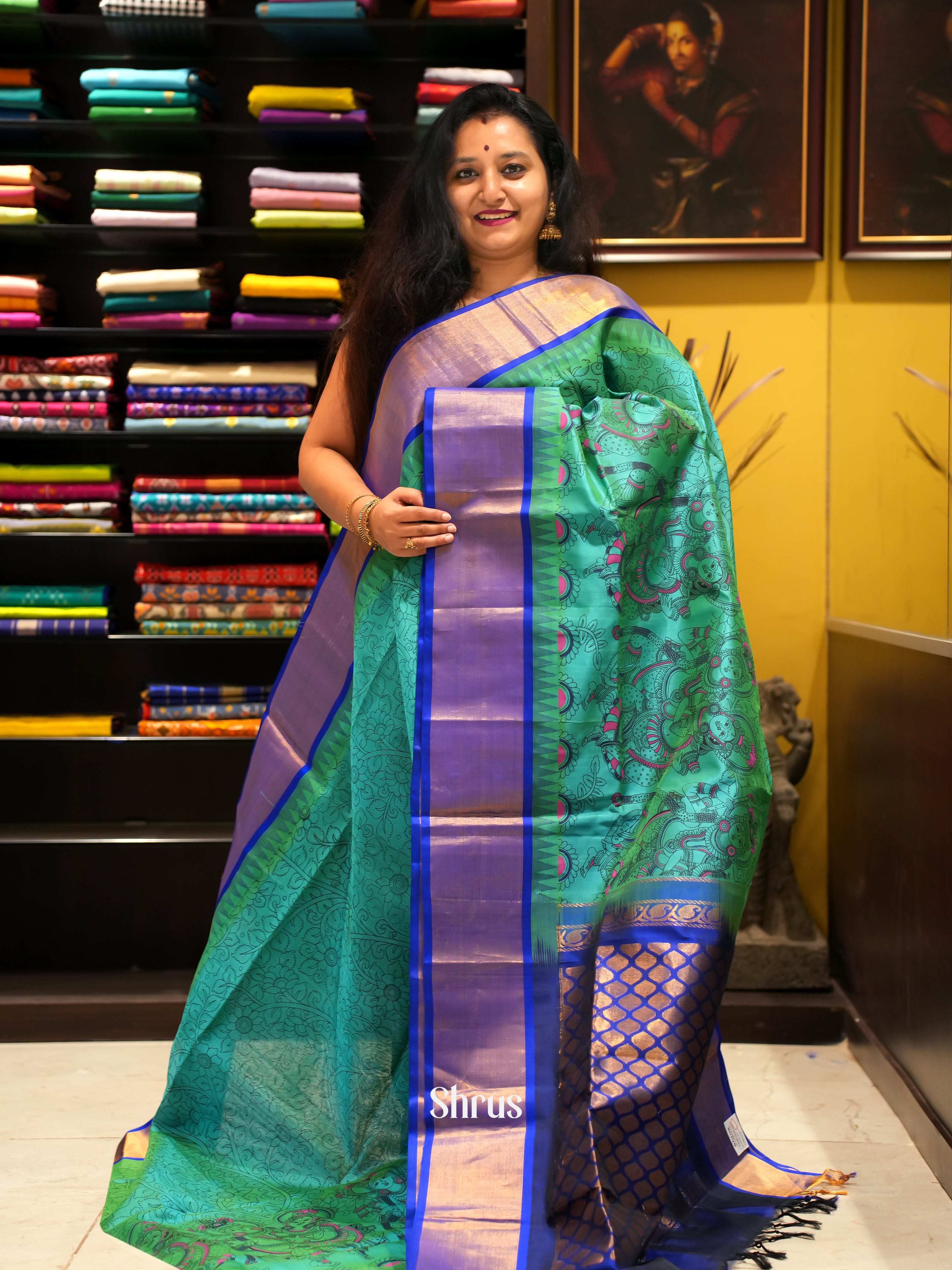 Green & Blue - Silk Cotton Saree - Shop on ShrusEternity.com