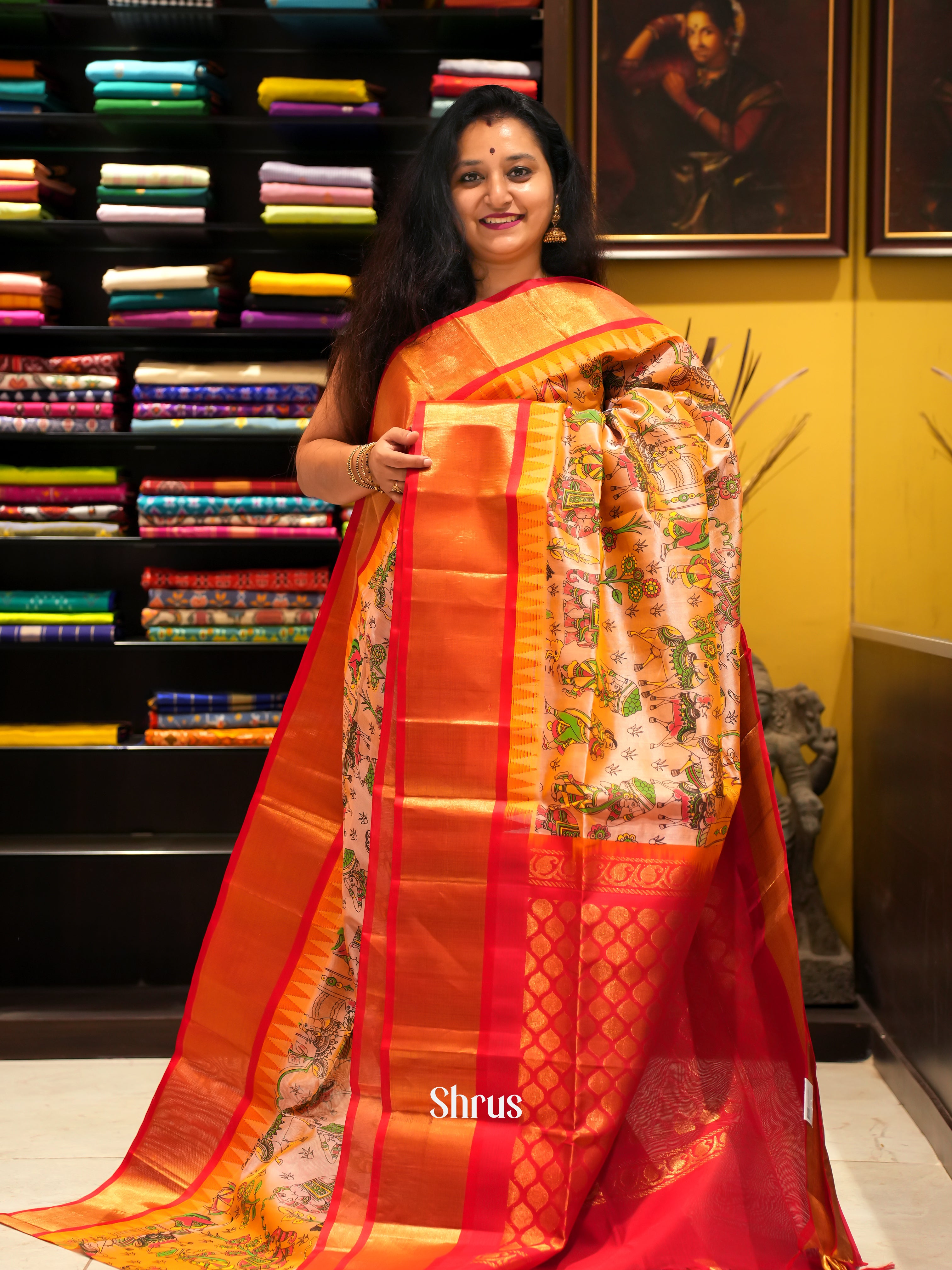Orange & Red - Silk Cotton Saree - Shop on ShrusEternity.com