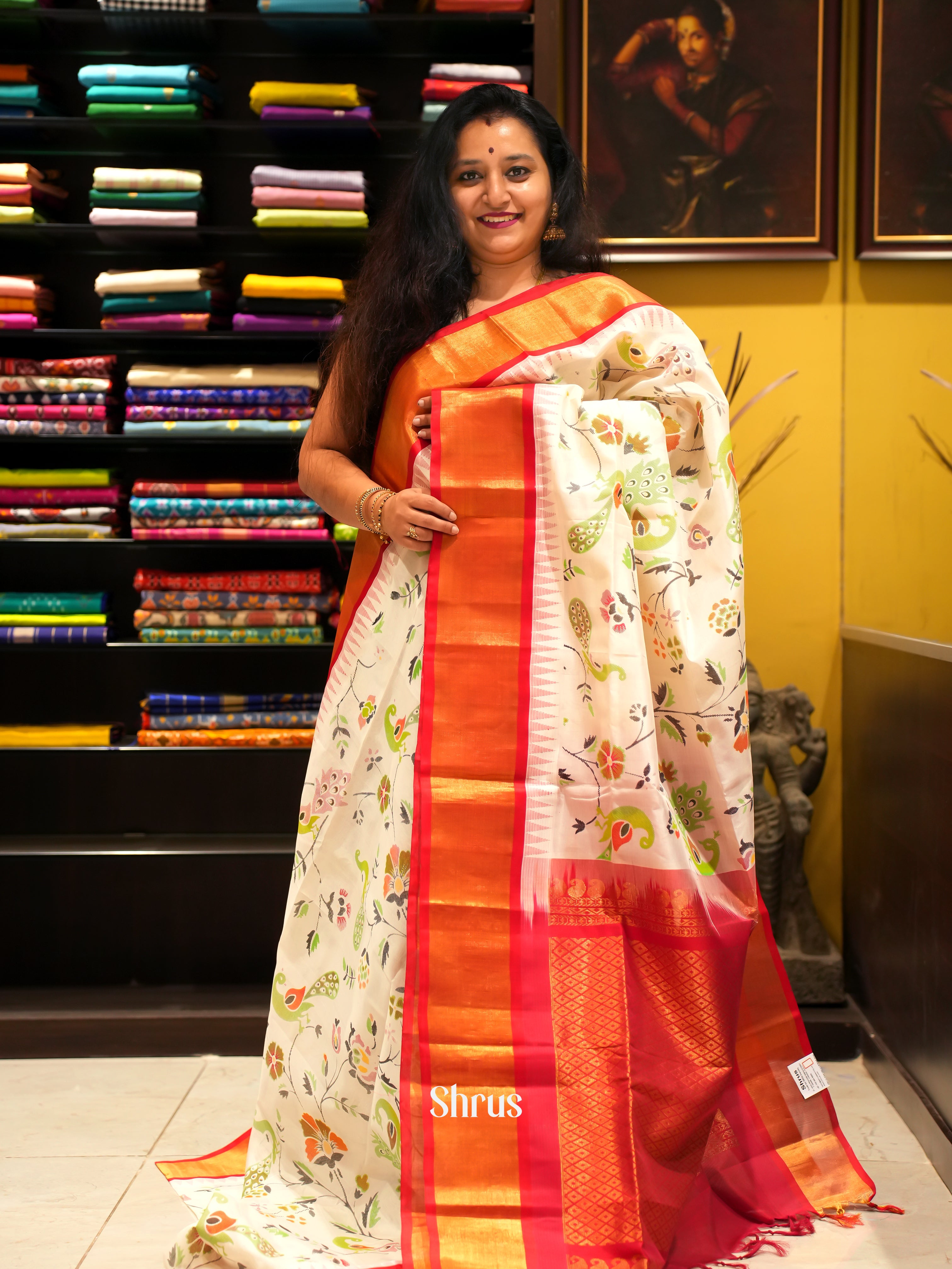 Cream & Red - Silk Cotton Saree - Shop on ShrusEternity.com