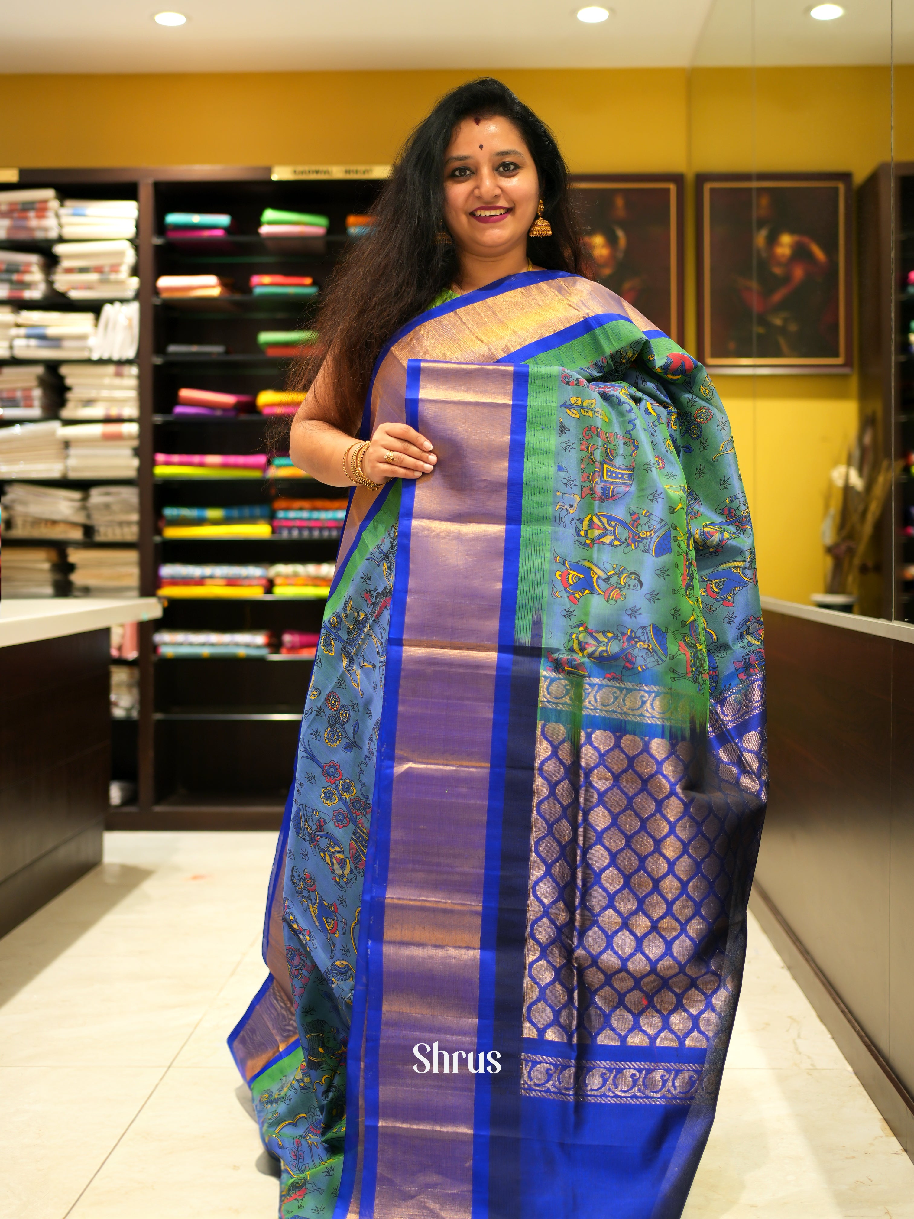 Green & Blue - Silk Cotton Saree - Shop on ShrusEternity.com