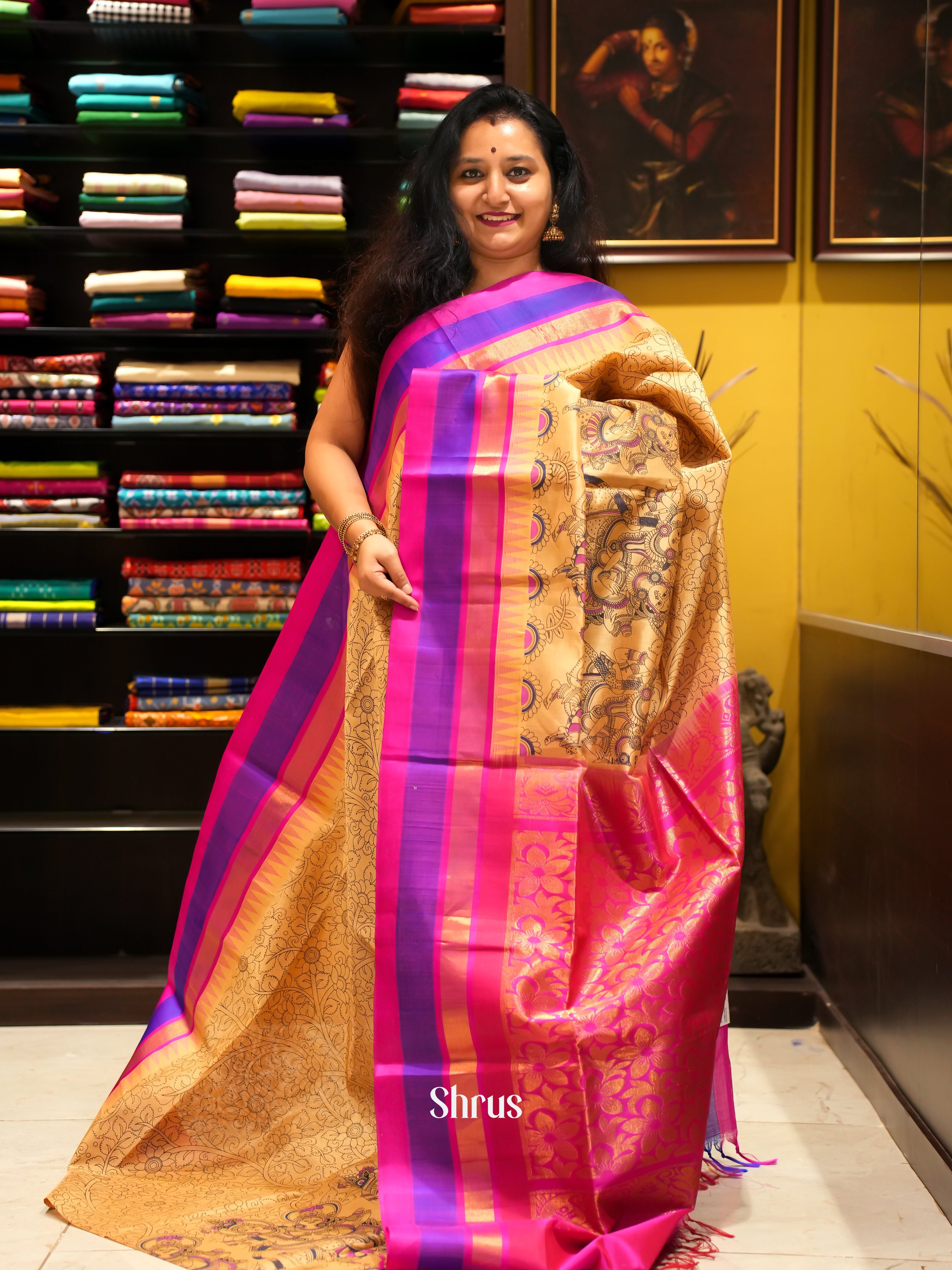 Orange & Pink - Silk Cotton Saree - Shop on ShrusEternity.com