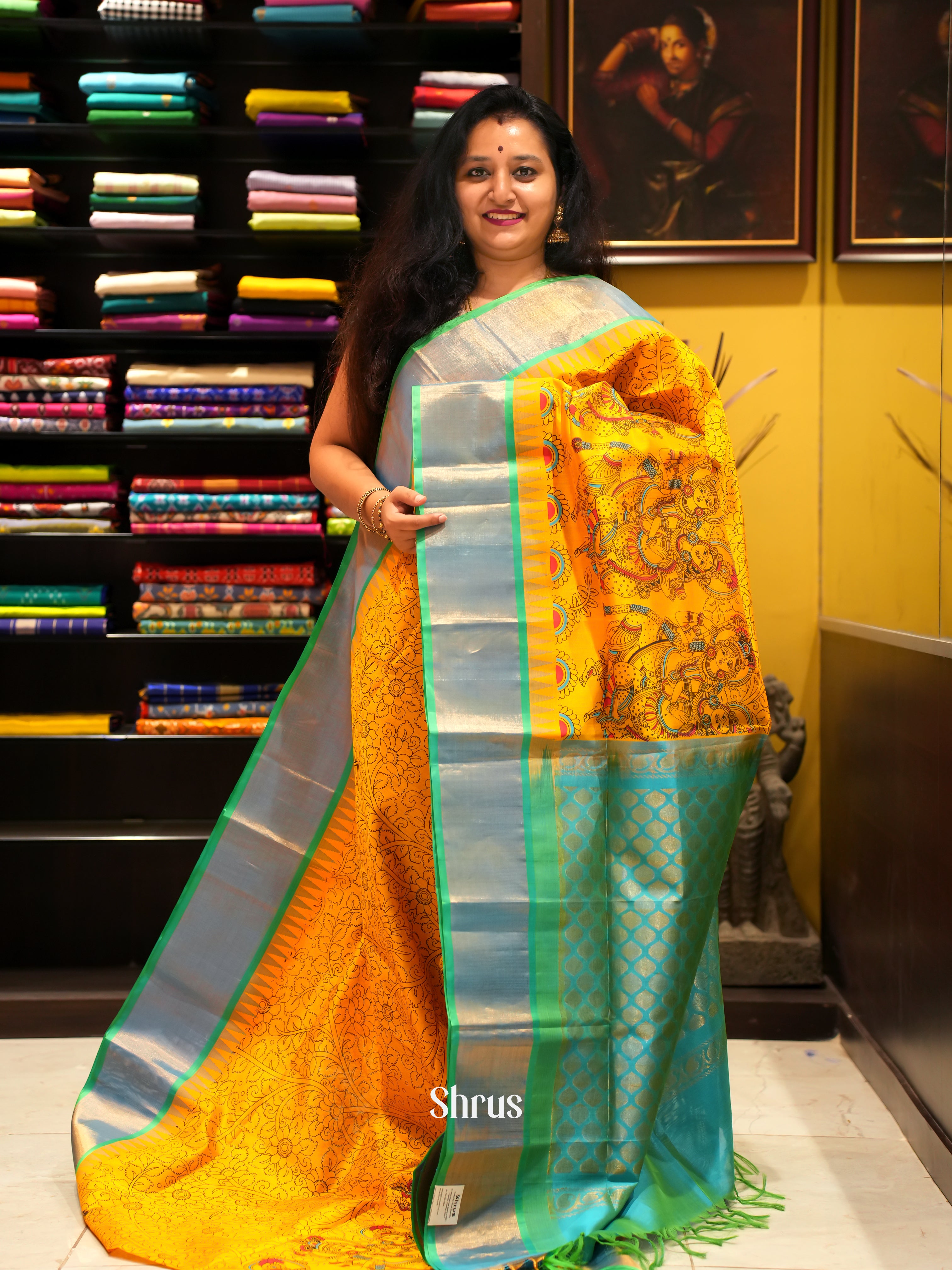 Yellow & Green - Silk Cotton Saree - Shop on ShrusEternity.com