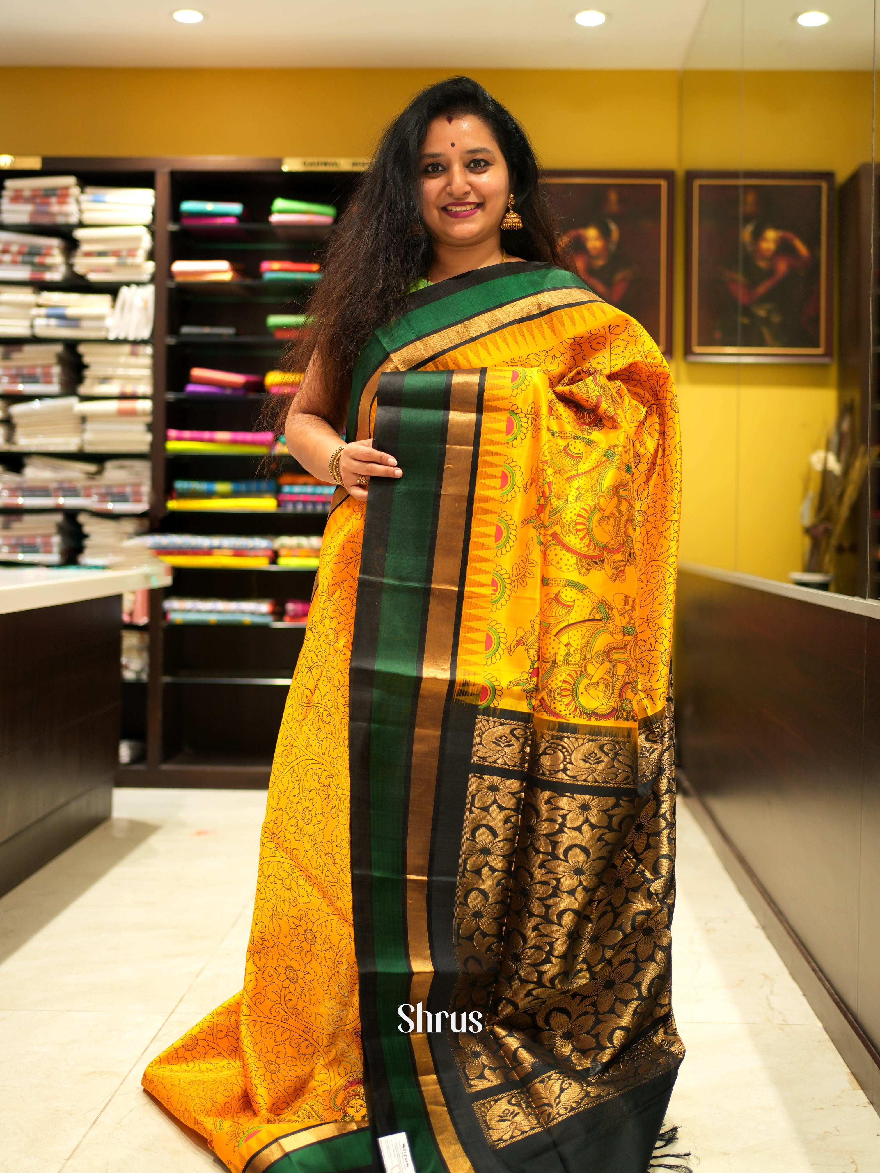 Yellow & Black - Silk Cotton Saree - Shop on ShrusEternity.com