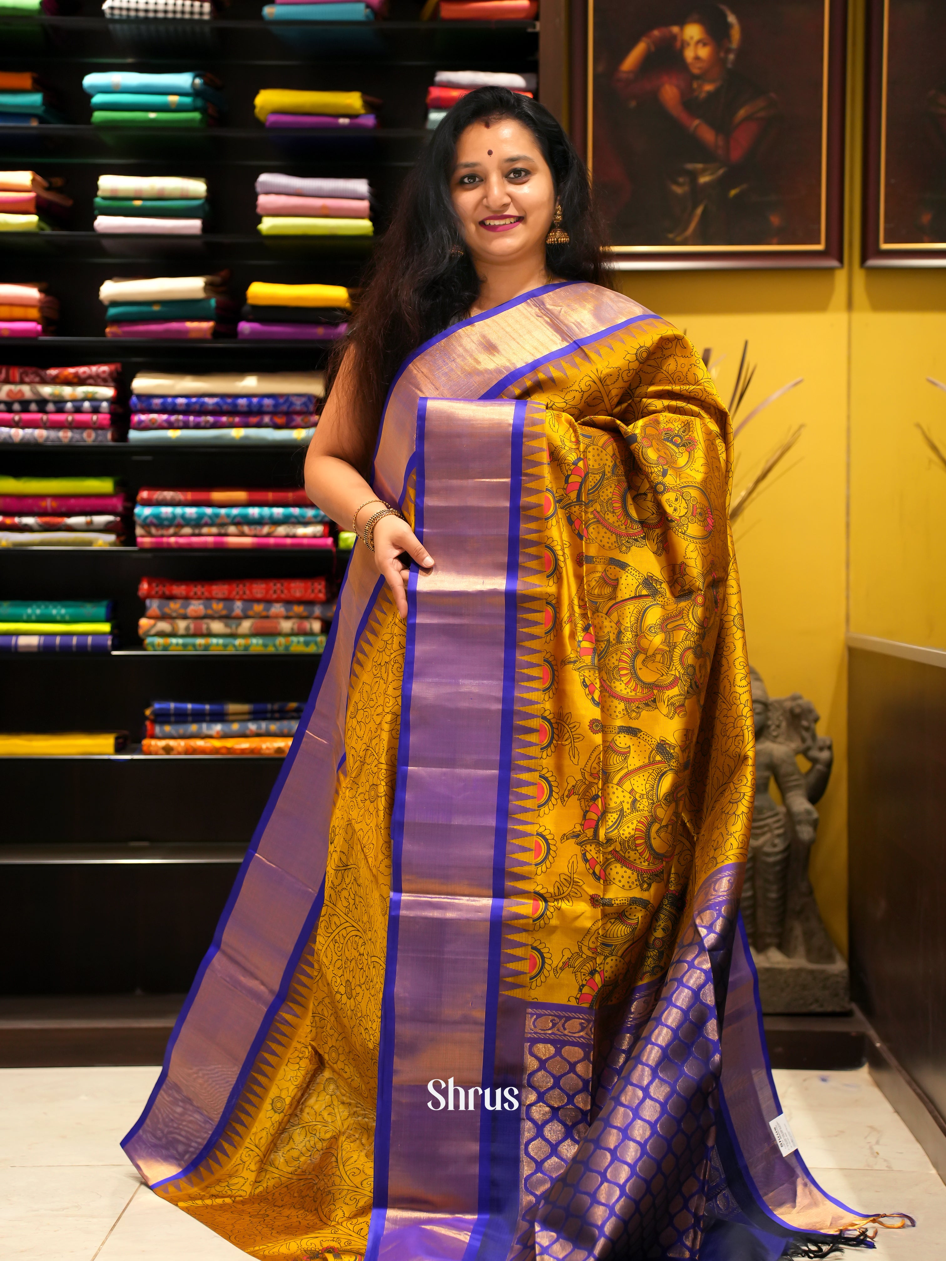 Mustard & Blue - Silk Cotton Saree - Shop on ShrusEternity.com
