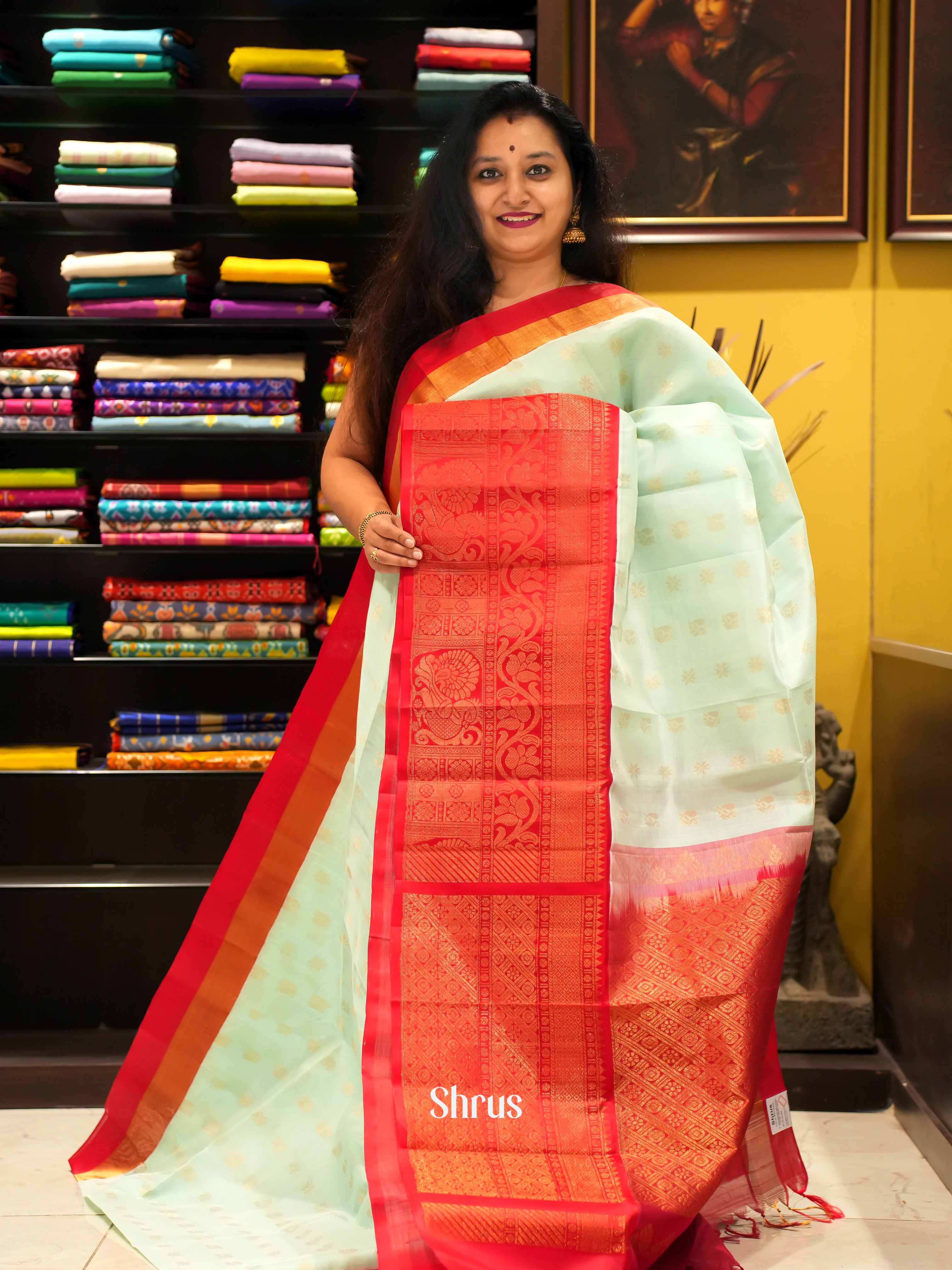Ice Green & Red - Silk Cotton Saree - Shop on ShrusEternity.com