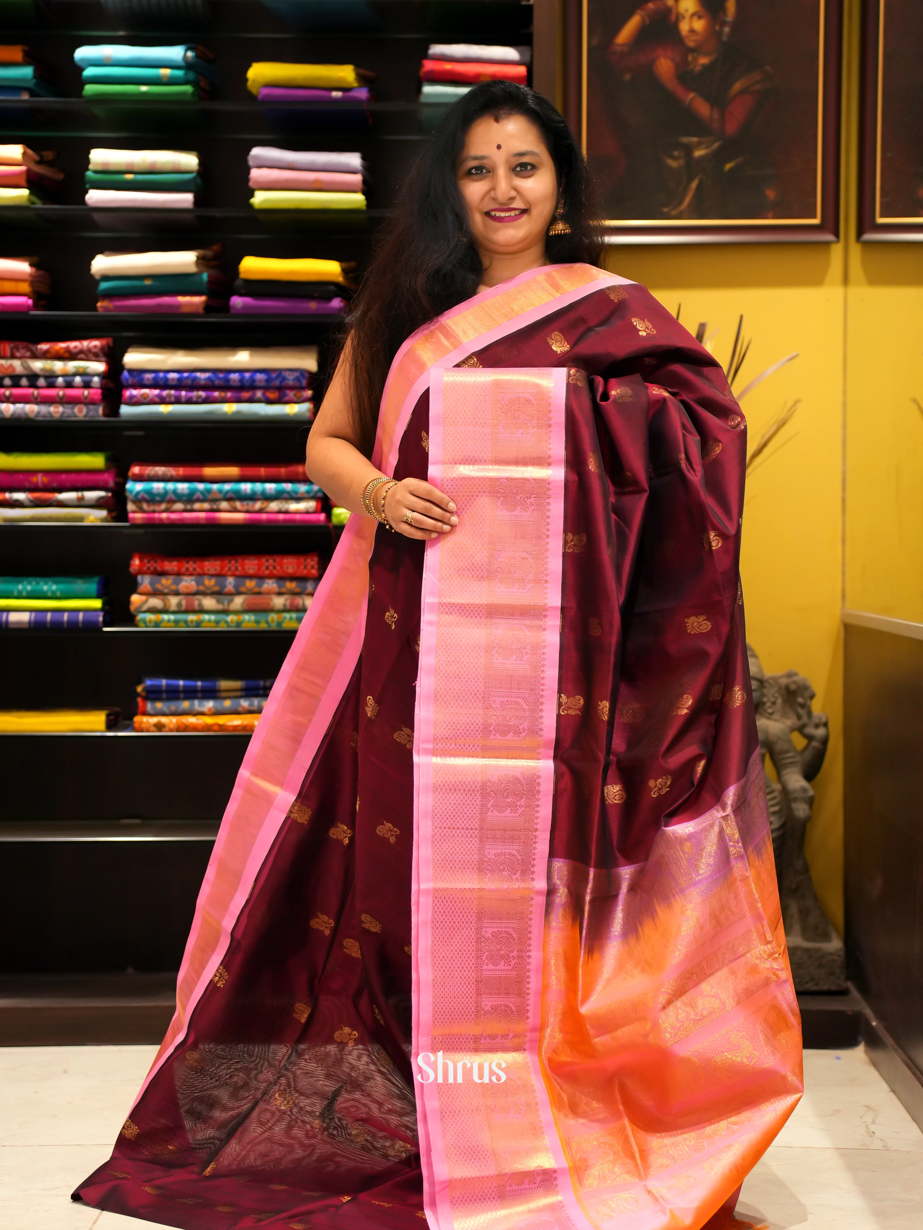 Brown & Pink - Silk Cotton Saree - Shop on ShrusEternity.com