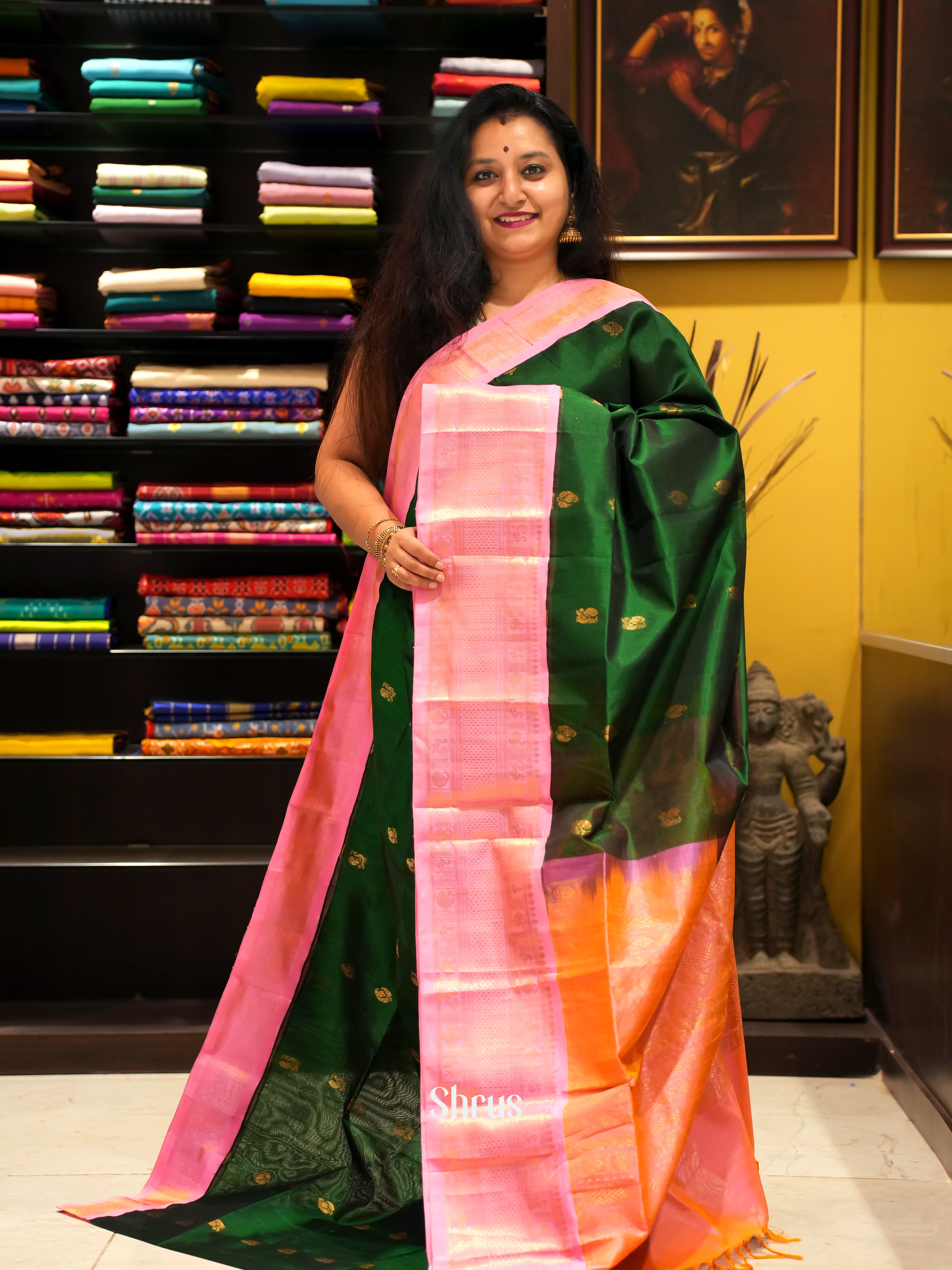 Green & Pink - Silk Cotton Saree - Shop on ShrusEternity.com