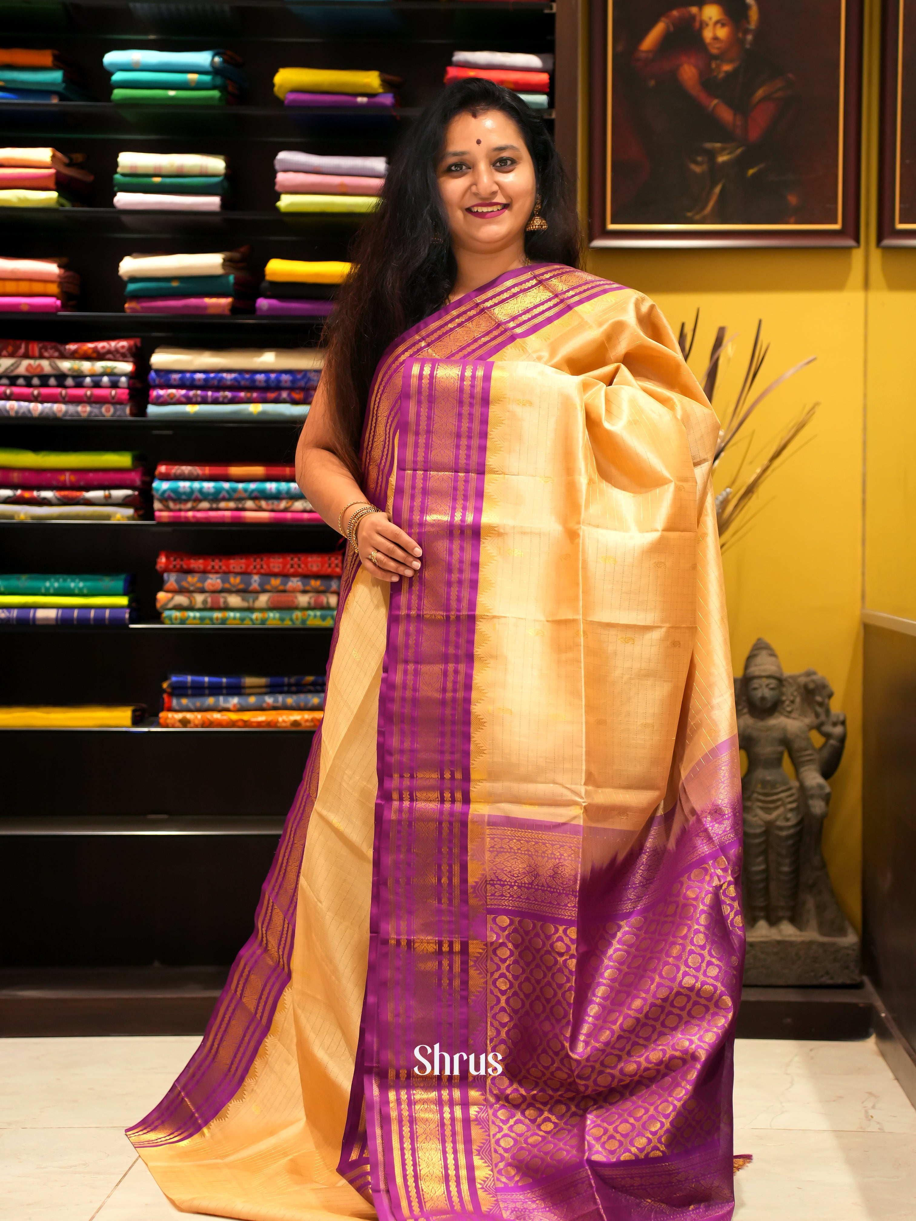 Sandal & Purple - Silk Cotton Saree - Shop on ShrusEternity.com