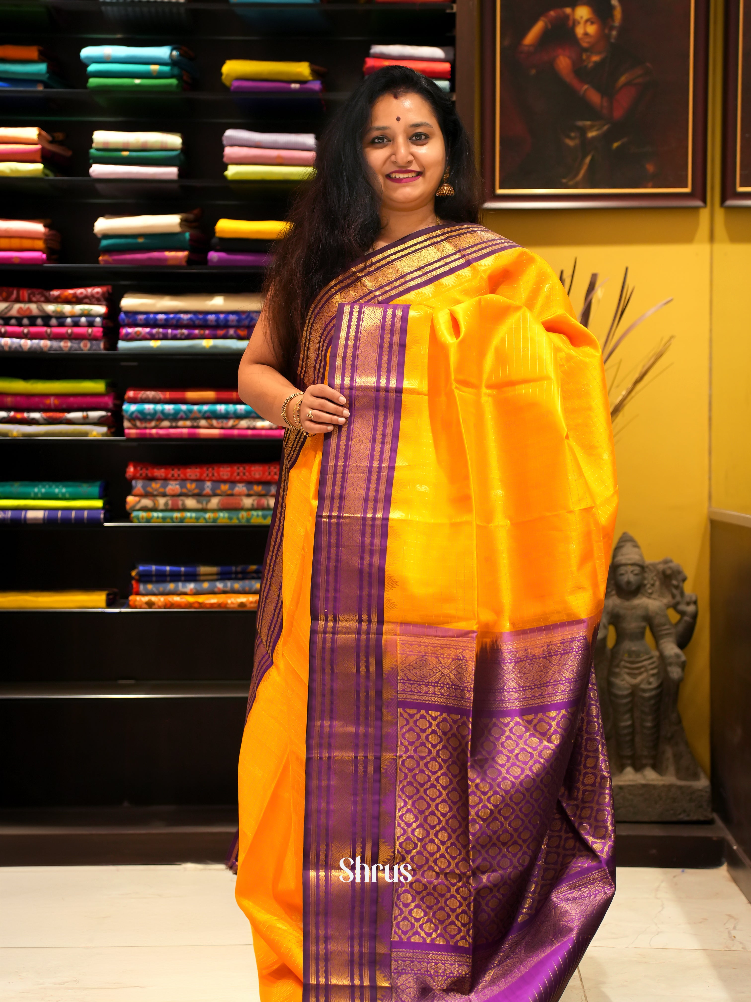 Yellow & Purple - Silk Cotton Saree - Shop on ShrusEternity.com