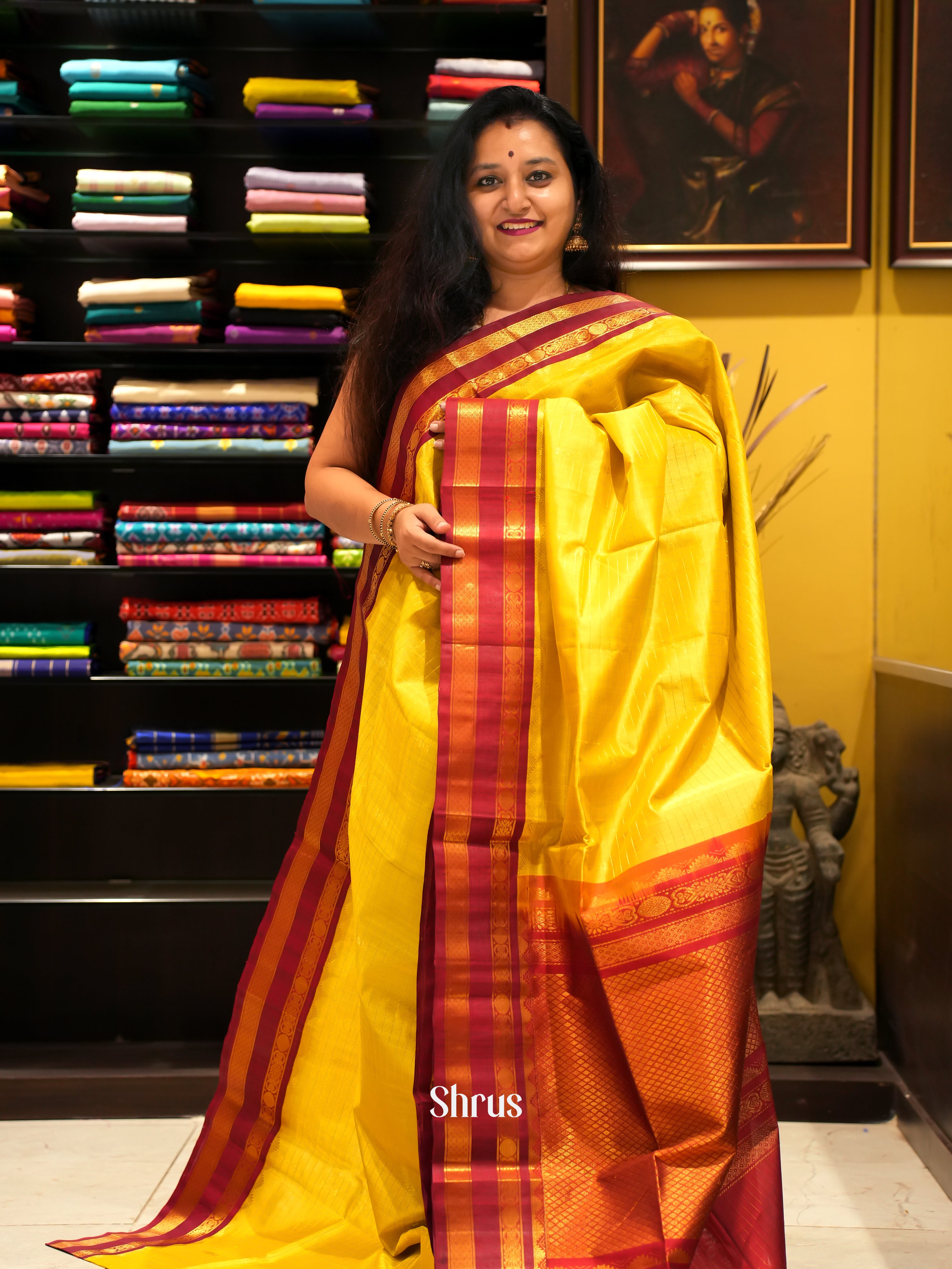 Yellow & Red - Silk Cotton Saree - Shop on ShrusEternity.com