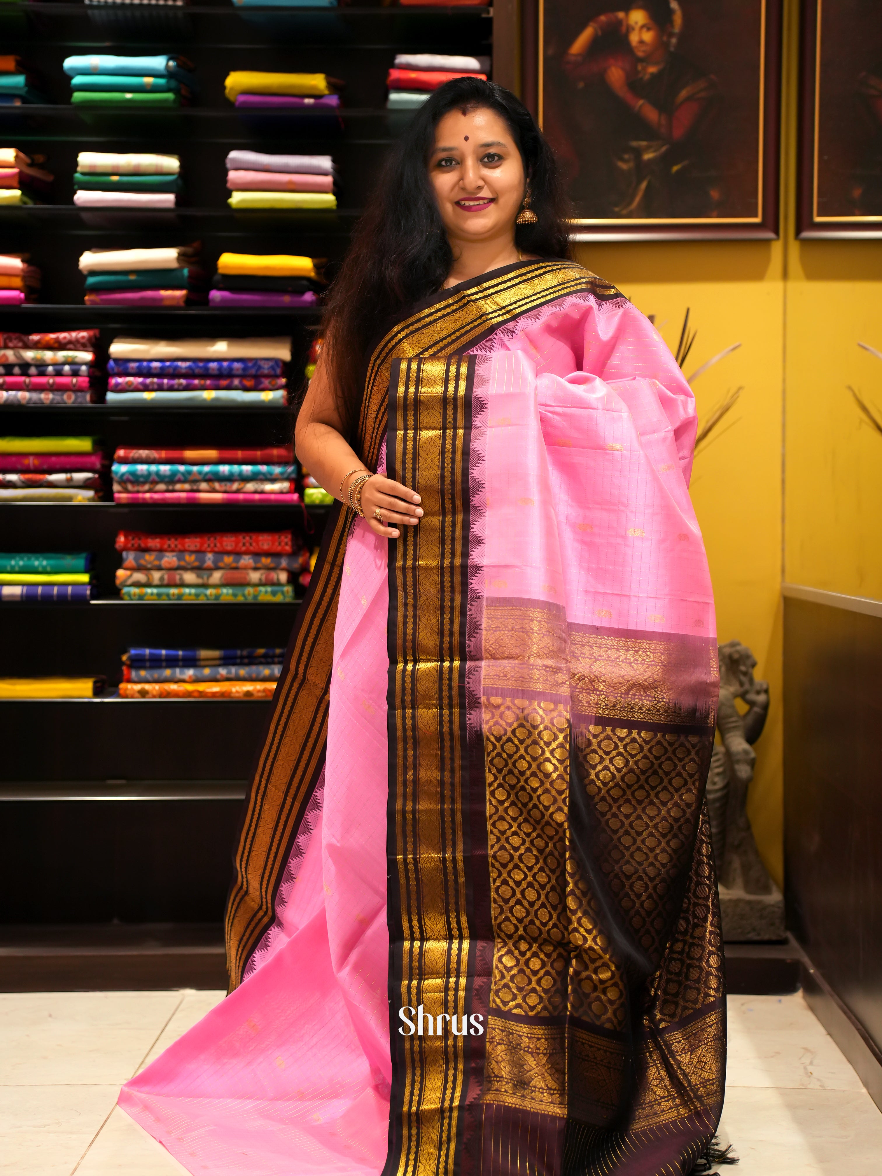 Pink & Brown - Silk Cotton Saree - Shop on ShrusEternity.com