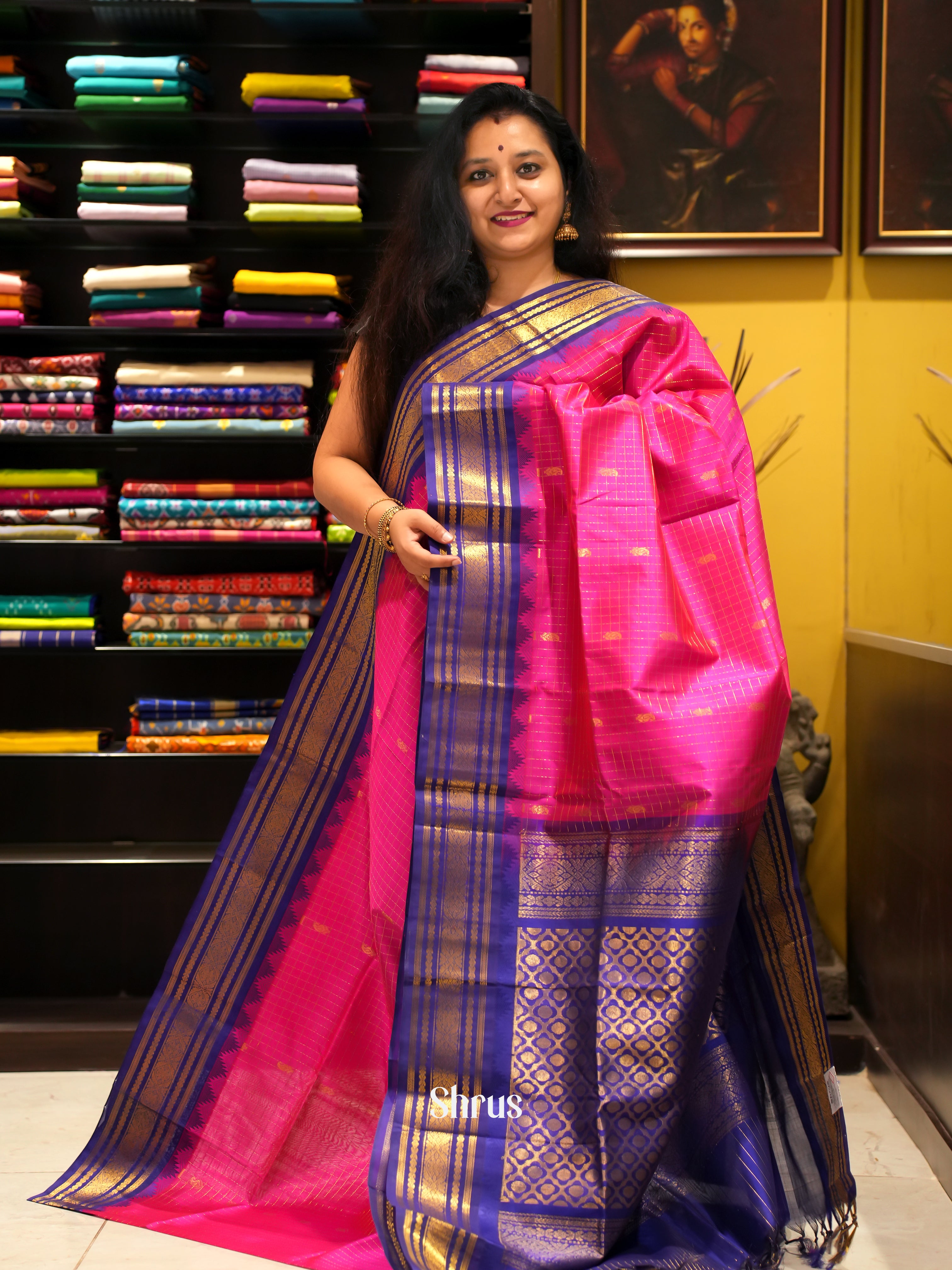 Pink & Blue - Silk Cotton Saree - Shop on ShrusEternity.com