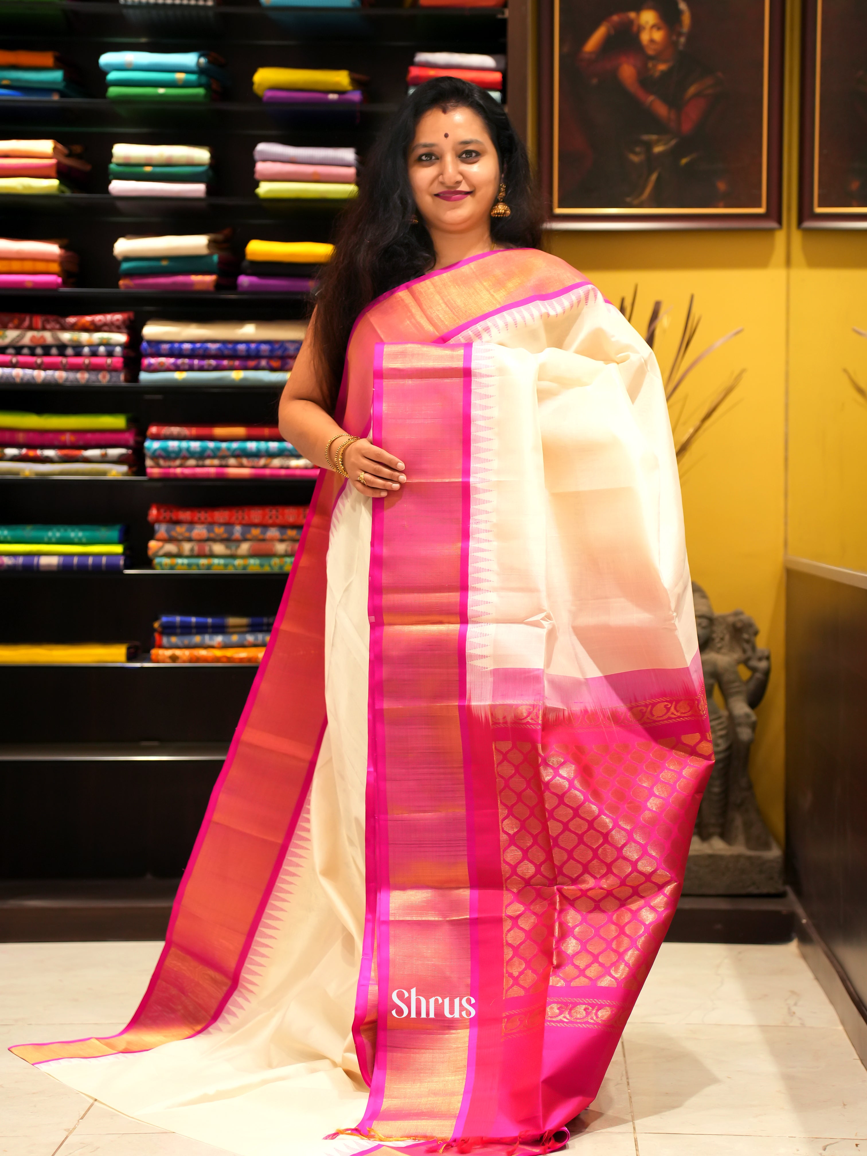 Cream & Pink - Silk Cotton Saree - Shop on ShrusEternity.com
