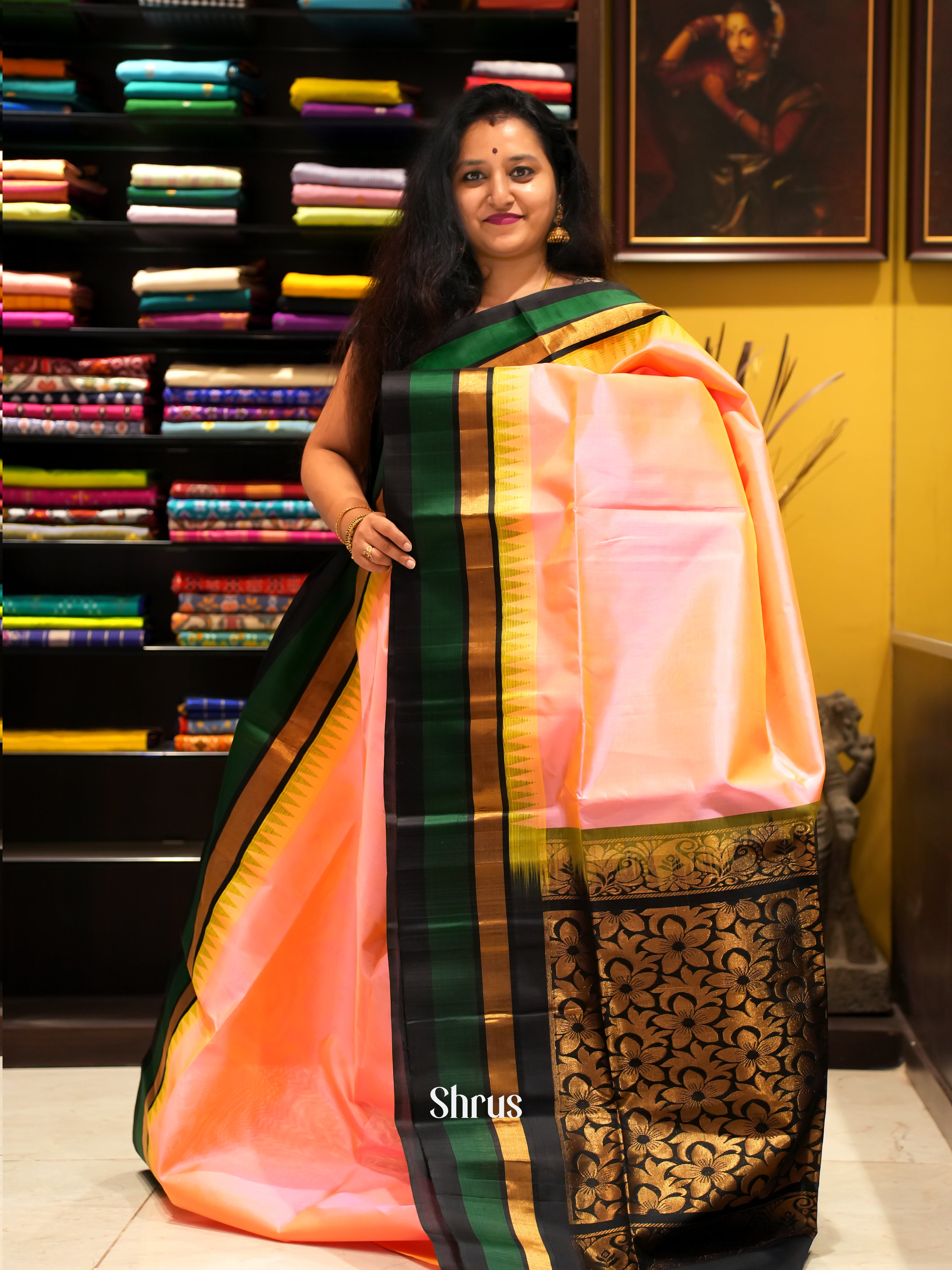 Peach & Black - Silk Cotton Saree - Shop on ShrusEternity.com