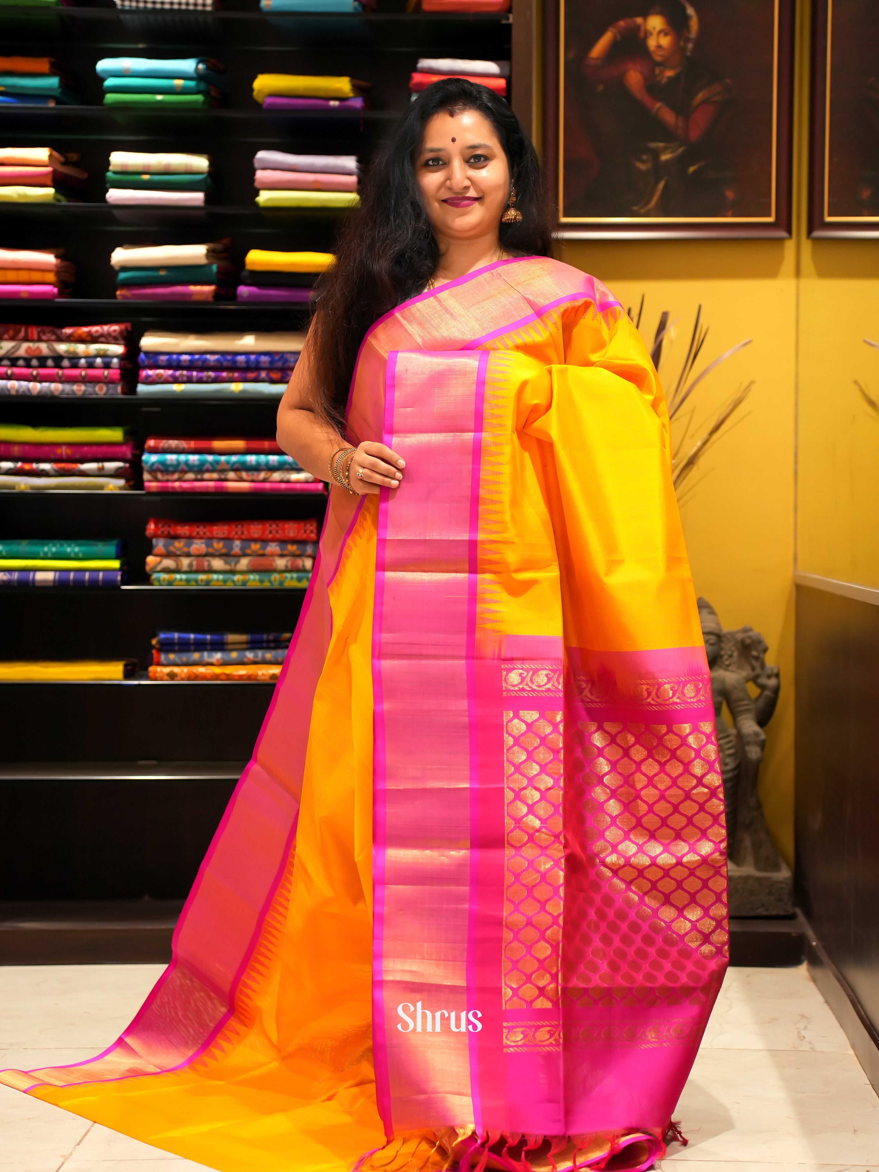 Yellow & Pink - Silk Cotton Saree - Shop on ShrusEternity.com