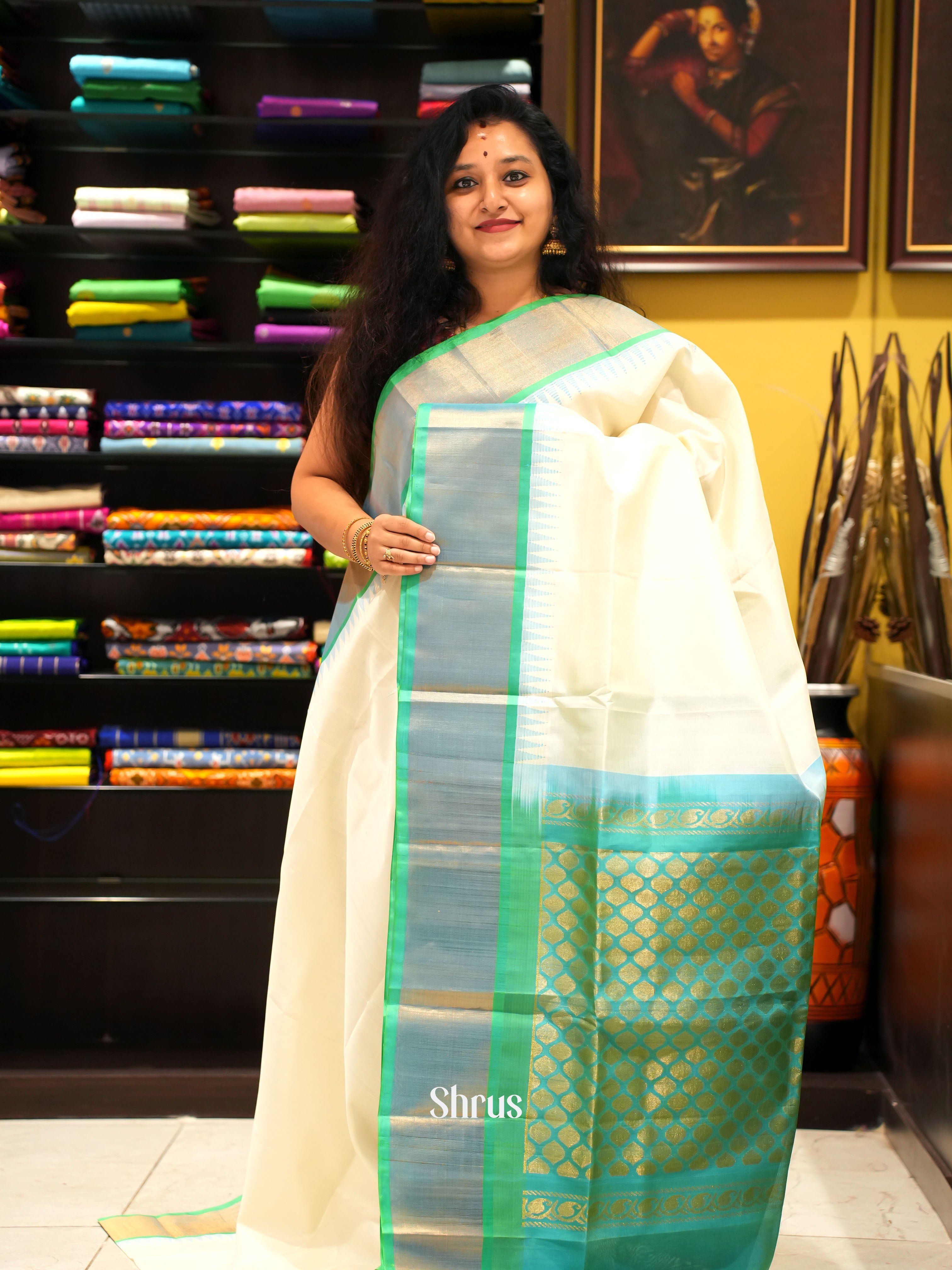 Cream Green - Silk Cotton Saree - Shop on ShrusEternity.com