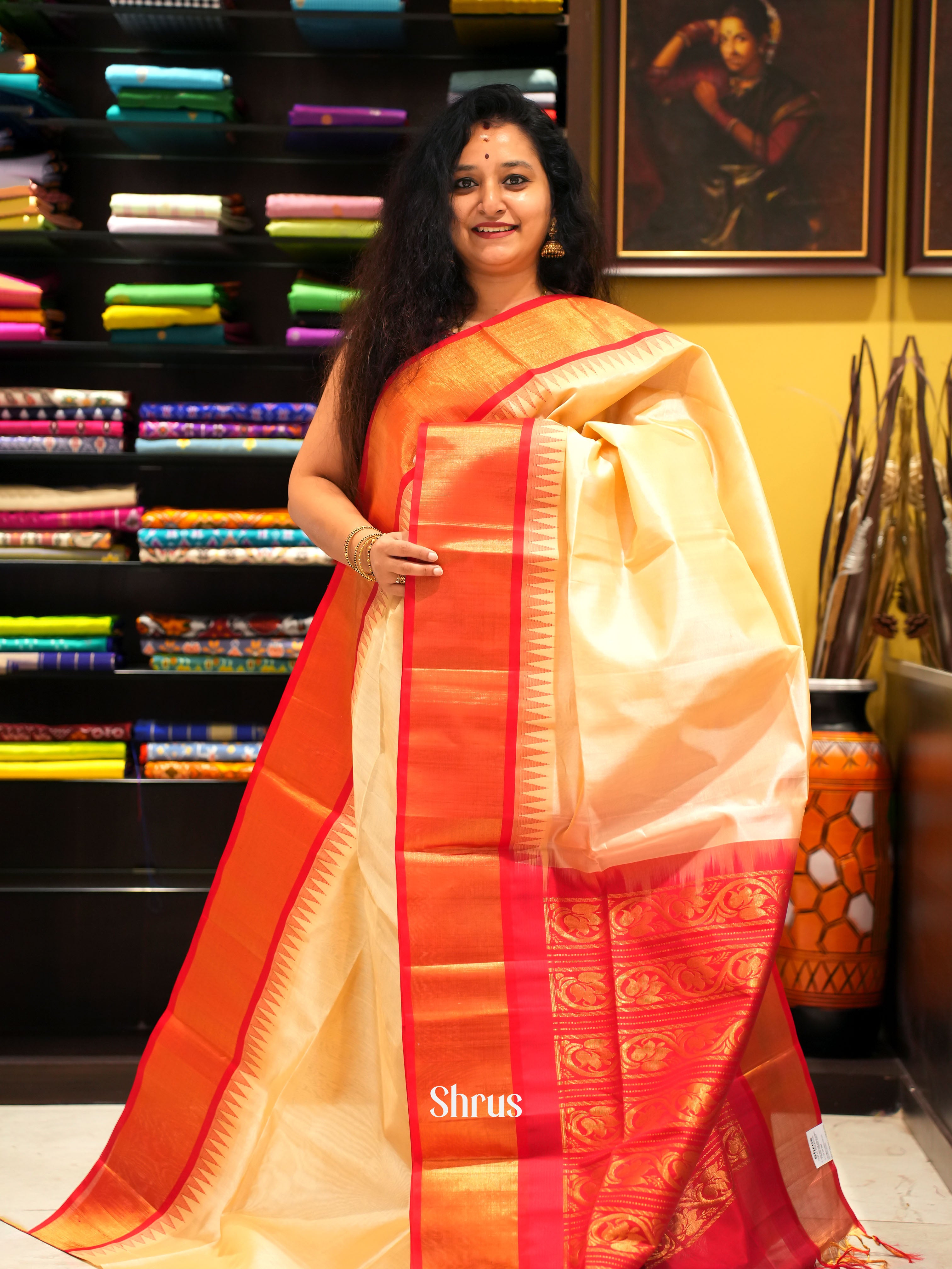 Sandal & Red - Silk Cotton Saree - Shop on ShrusEternity.com