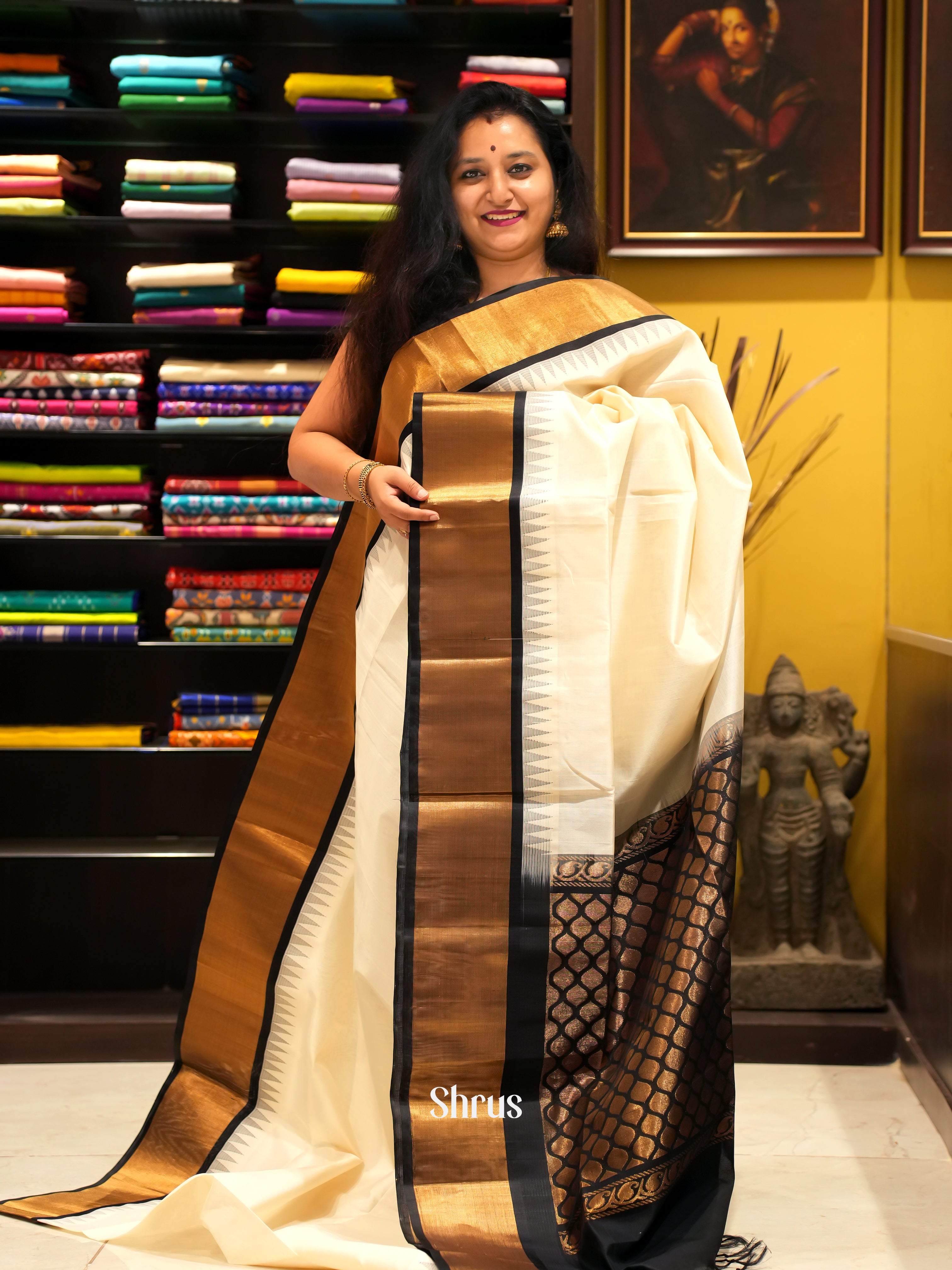 Cream & Black - Silk Cotton Saree - Shop on ShrusEternity.com