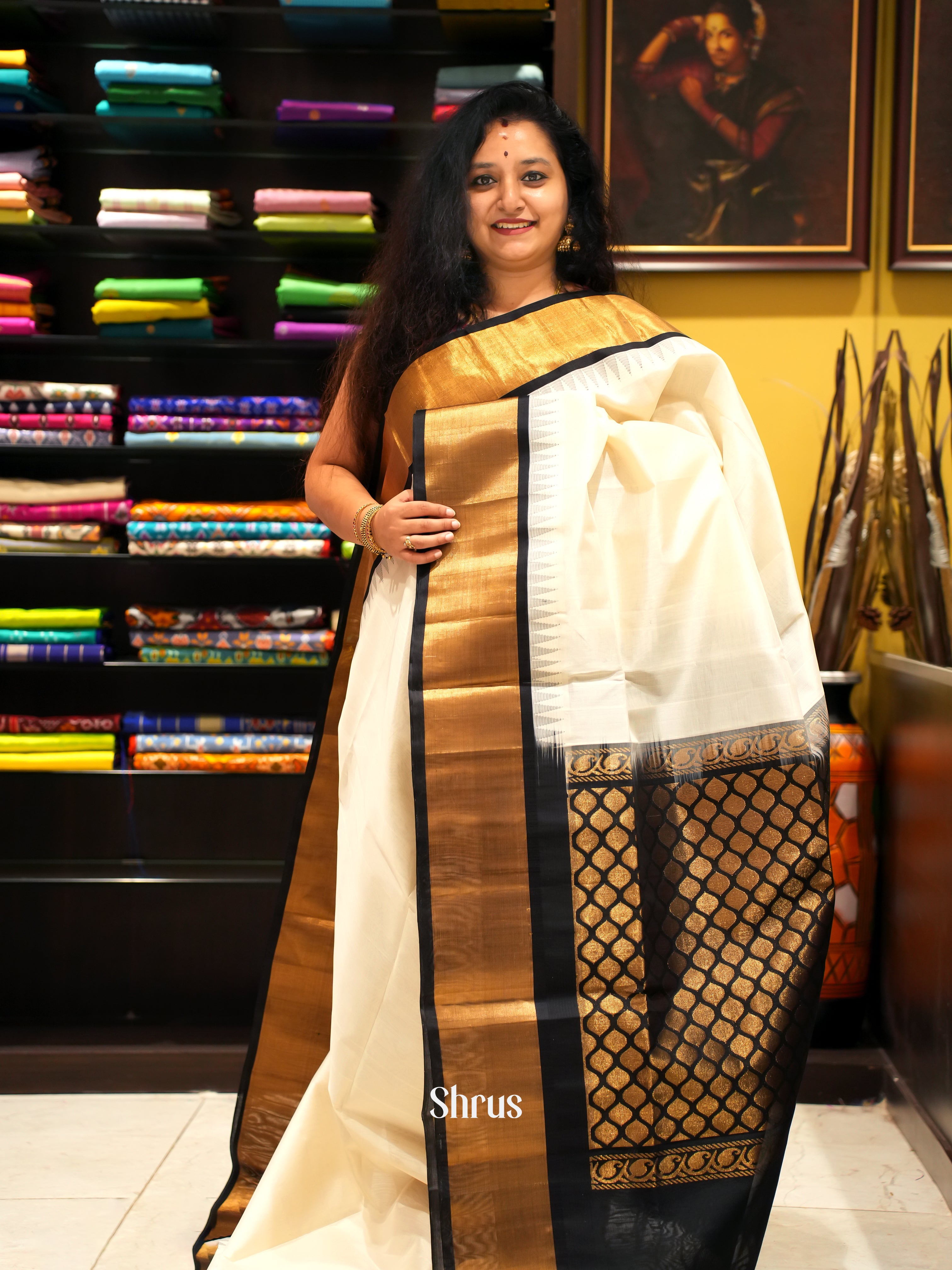 Cream & Black - Silk Cotton Saree - Shop on ShrusEternity.com