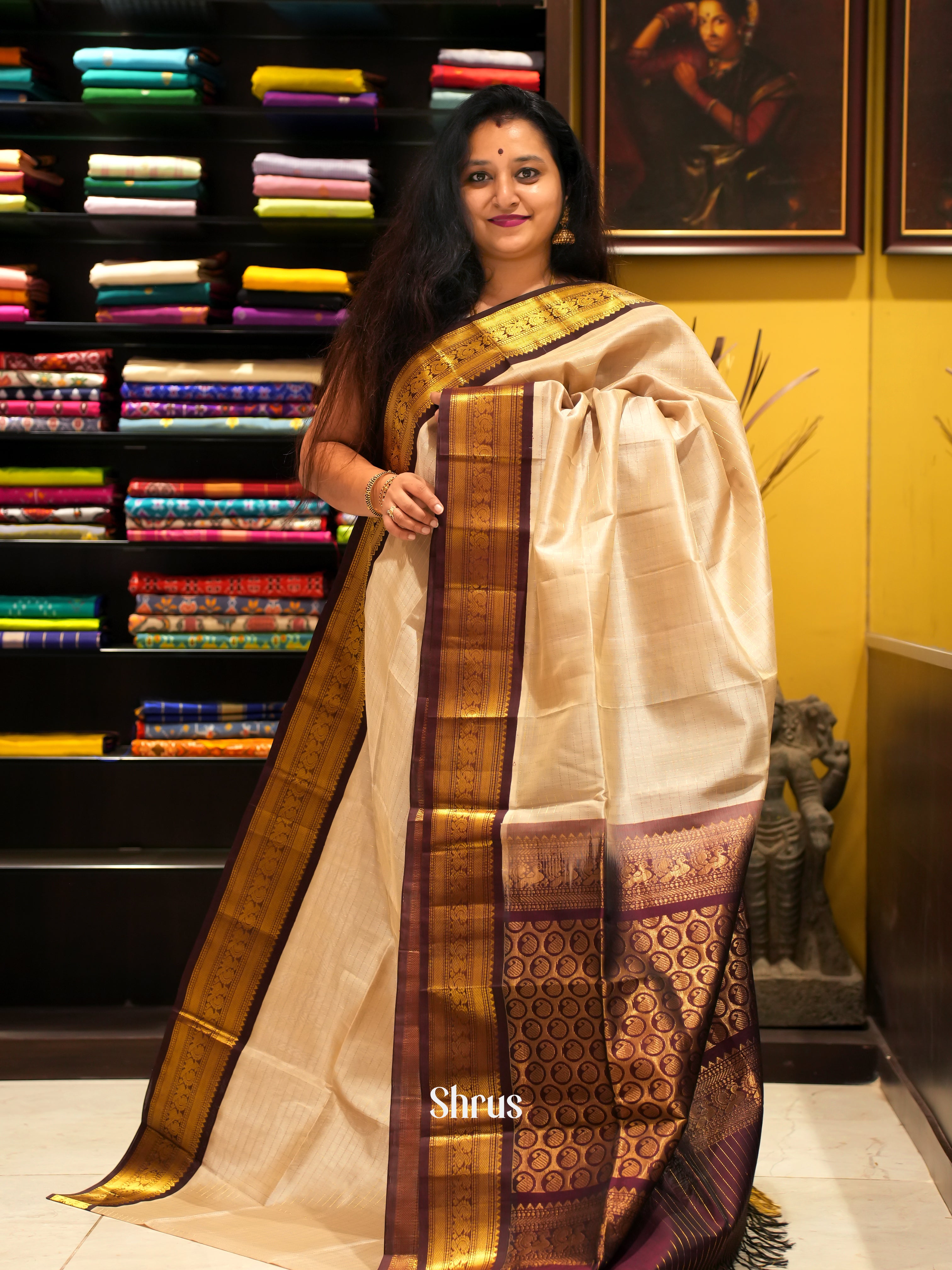 Cream & Brown - Silk Cotton Saree - Shop on ShrusEternity.com