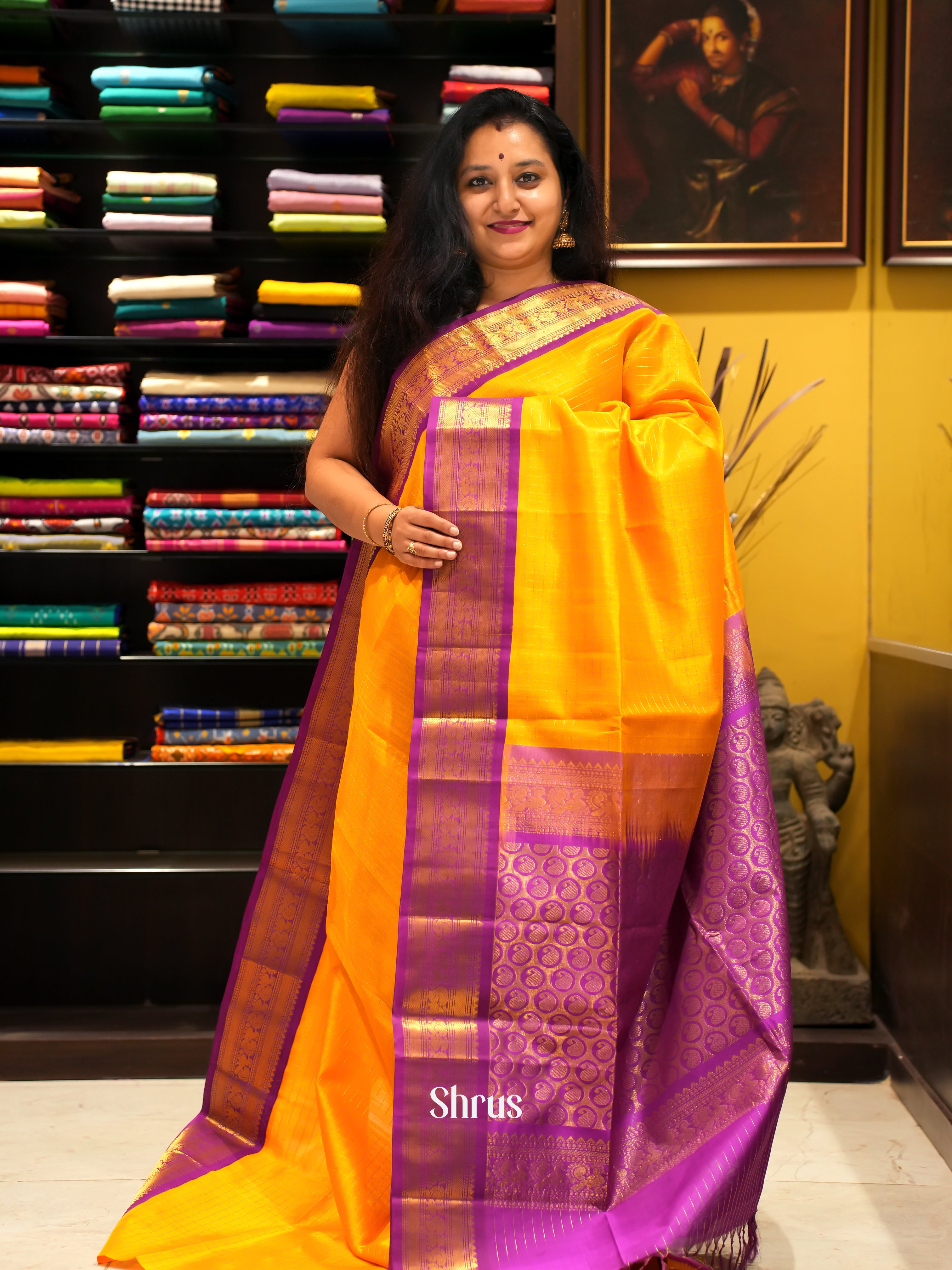 Yellow & Purple - Silk Cotton Saree - Shop on ShrusEternity.com