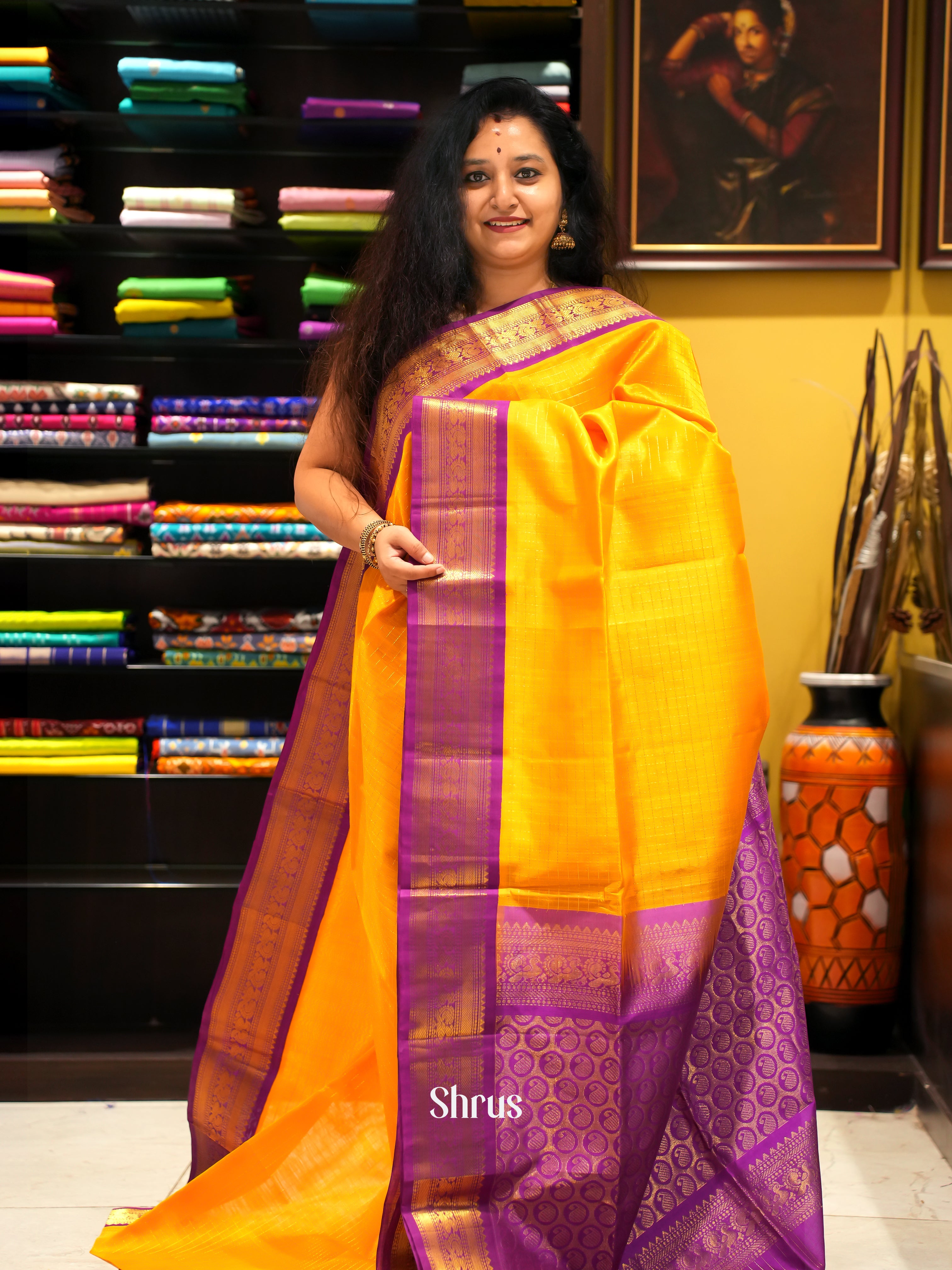 Yellow & Purple - Silk Cotton Saree - Shop on ShrusEternity.com