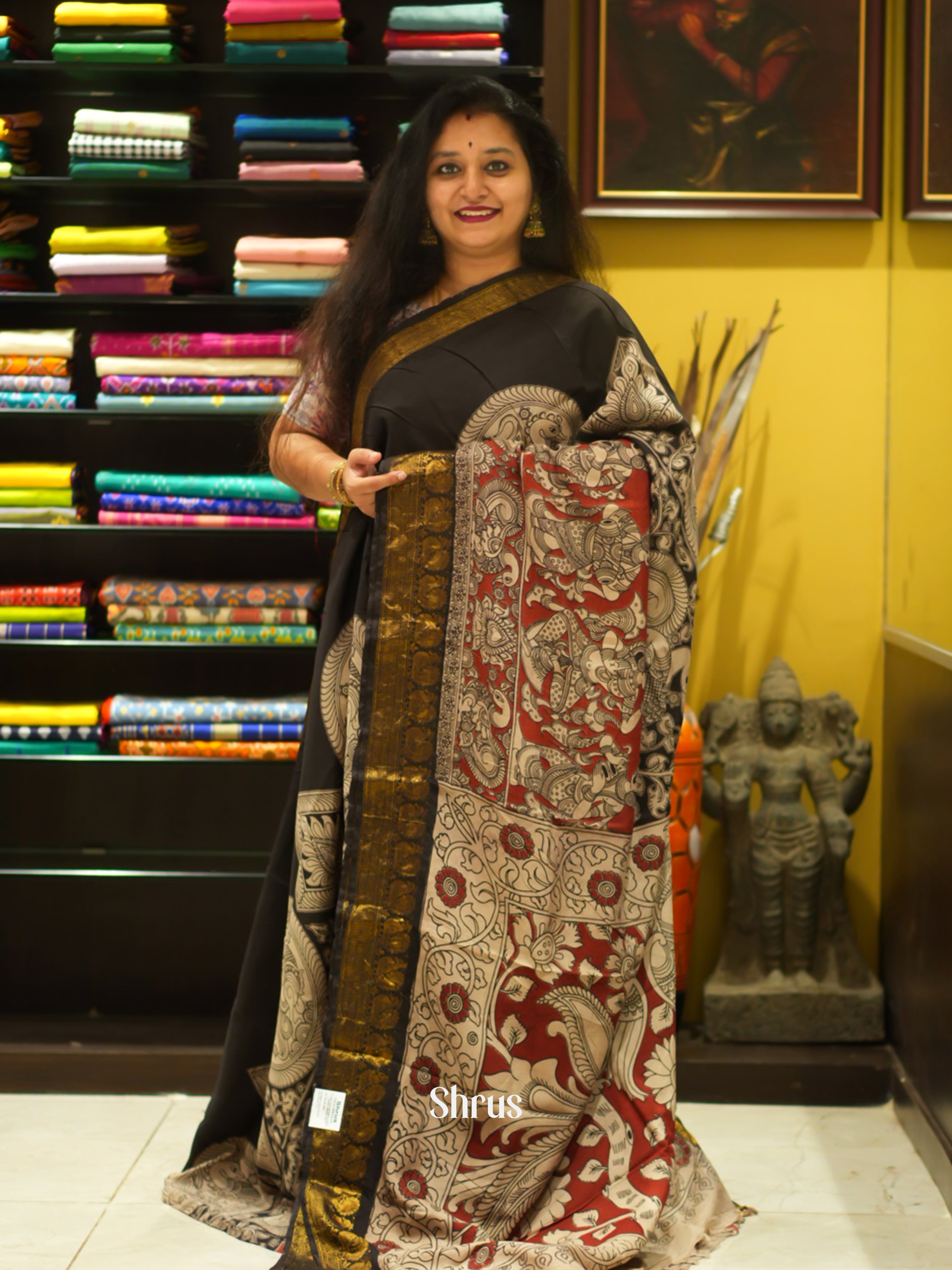 Black & Cream - chennur-kalamkari Saree - Shop on ShrusEternity.com